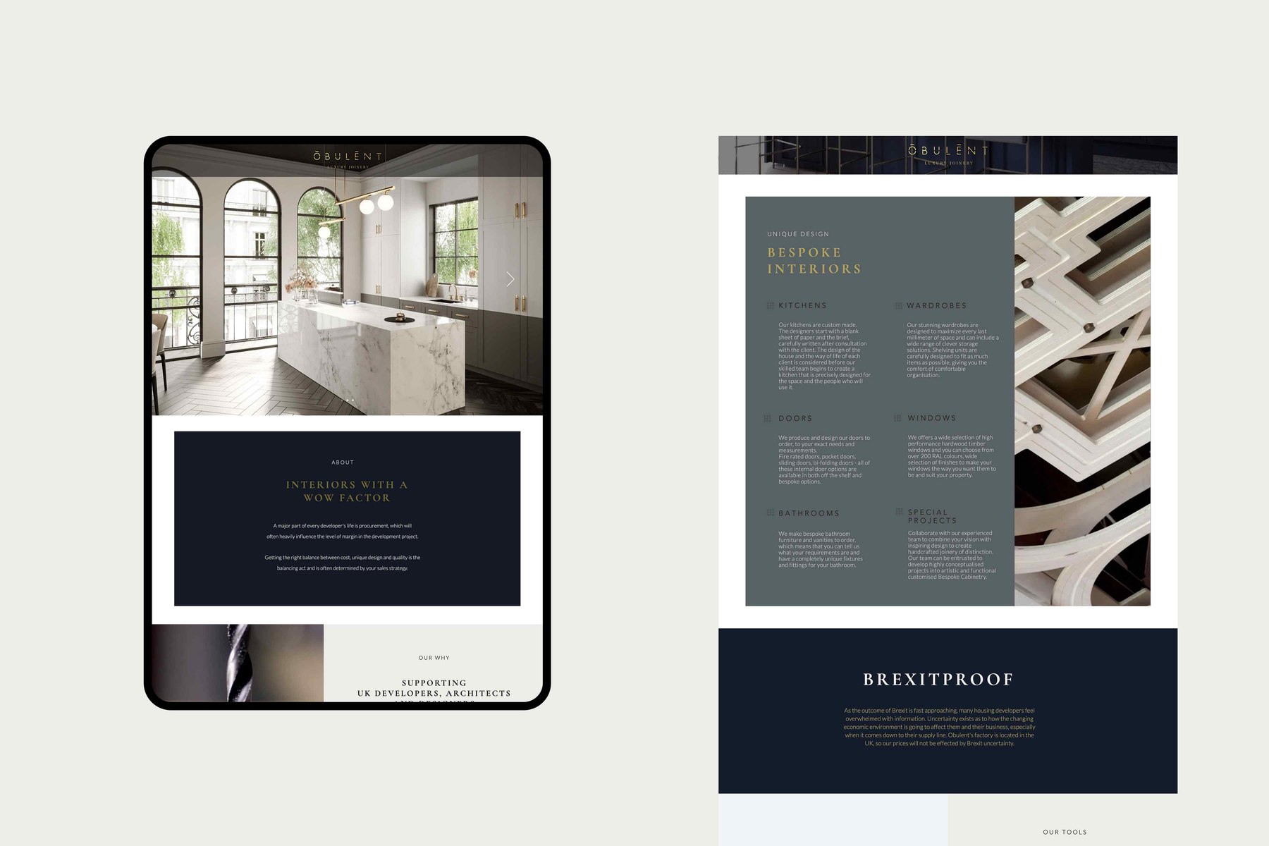 Obulent website shown on tablet and desktop, with the Bespoke Interiors section listing kitchens, wardrobes, doors, windows, bathrooms and special projects — web design by HDEY