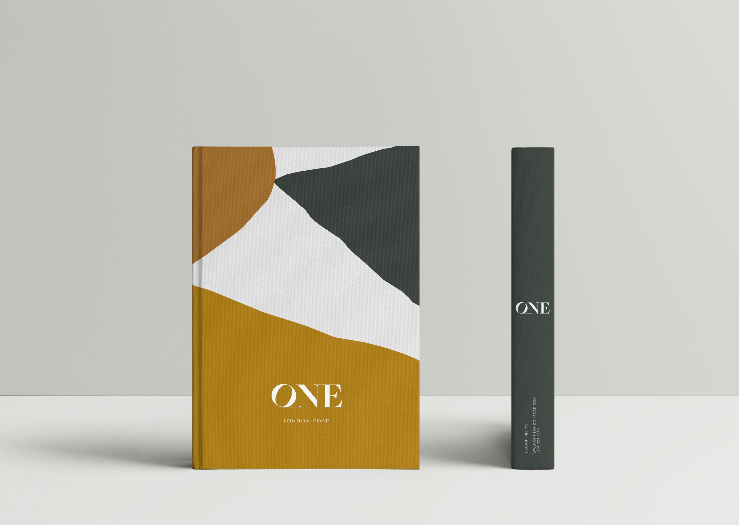 One London Road brochure hardcover — ONE wordmark, brand identity by HDEY
