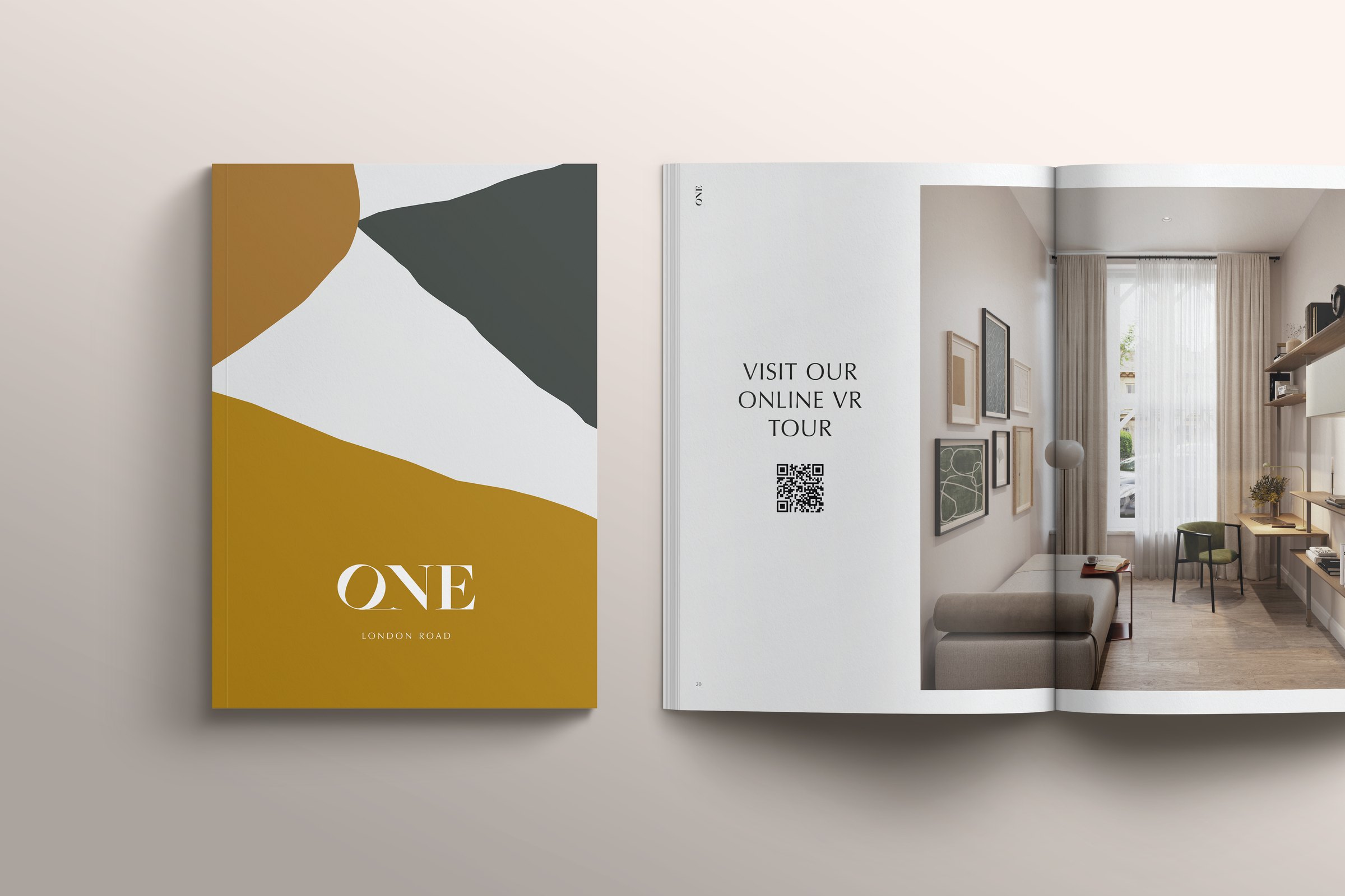 One London Road brochure and spread mockup — print design by HDEY