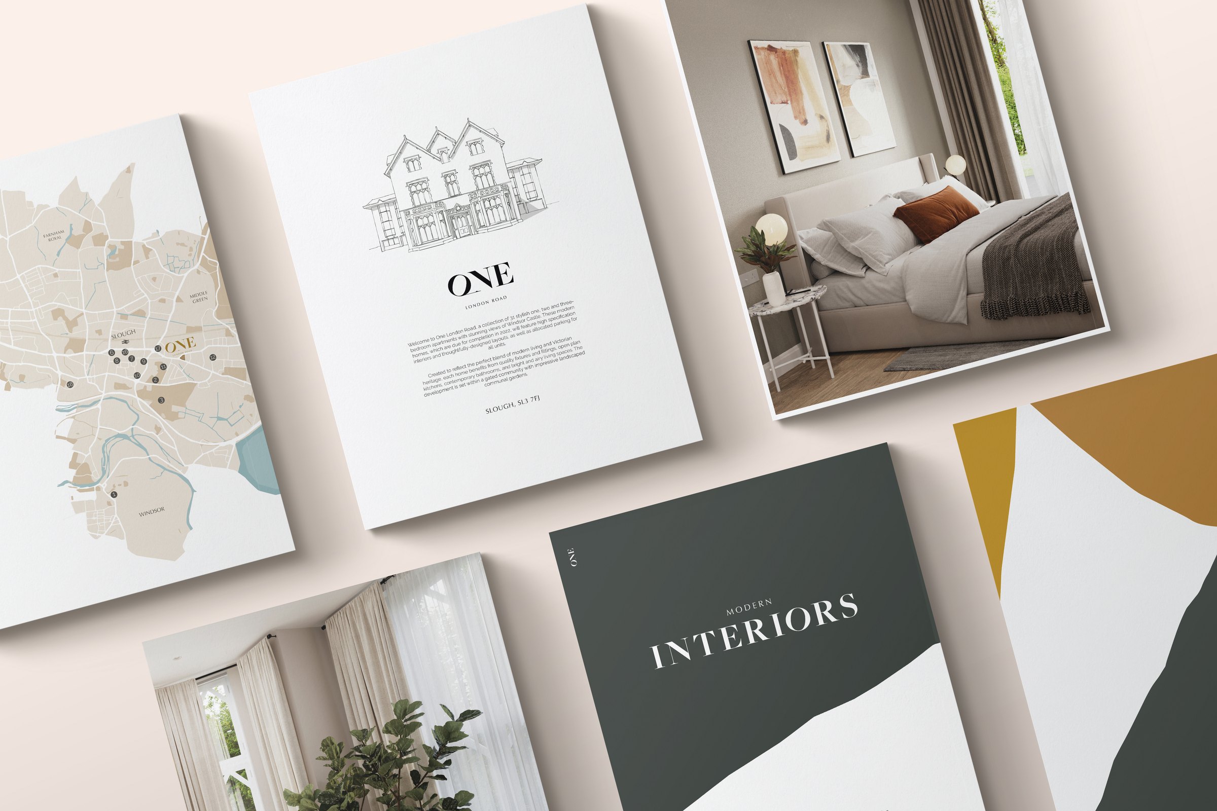 One London Road multi-page brochure mockup — print design by HDEY