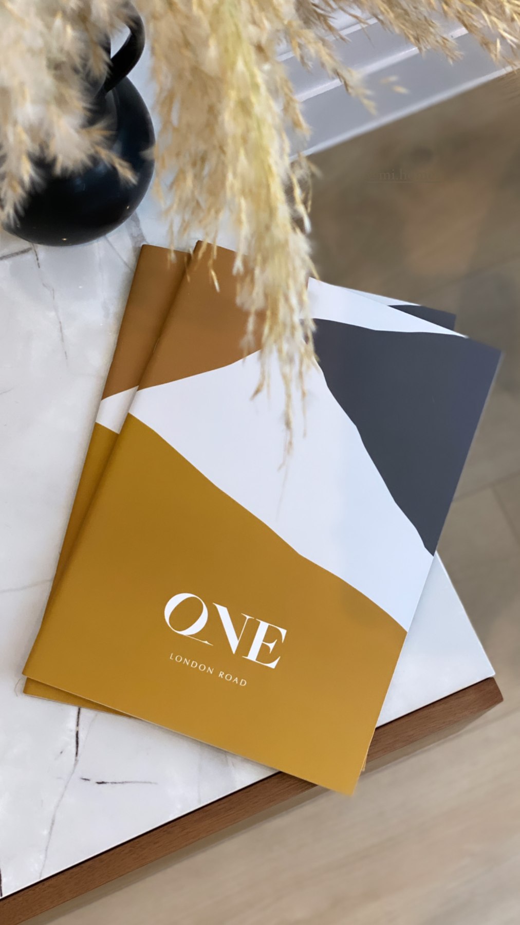 One London Road brochures printed in ochre and charcoal with angular colour blocks, Slough — print design by HDEY
