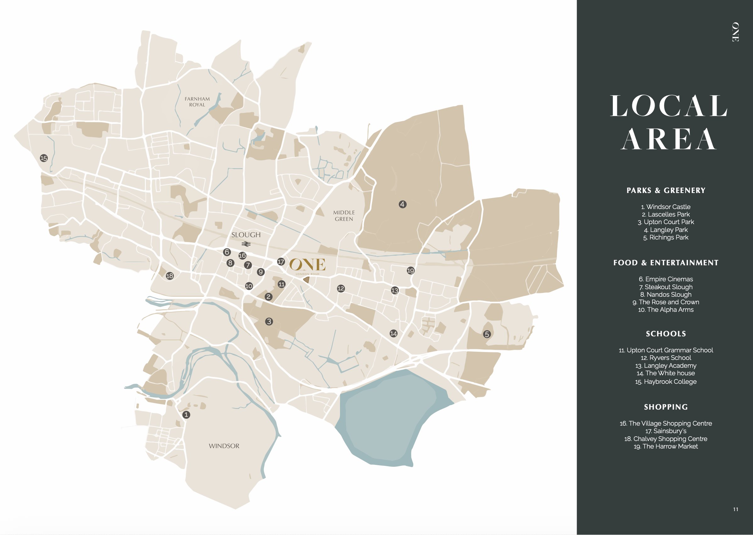 One London Road brochure spread — print design by HDEY
