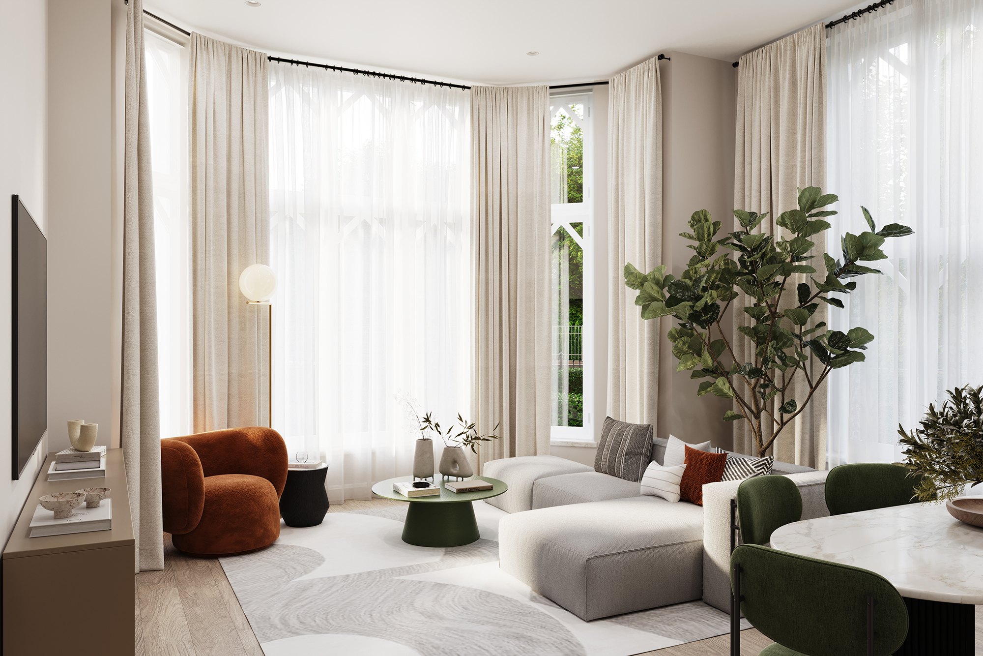 One London Road living room CGI with open-plan kitchen beyond, Slough, by HDEY