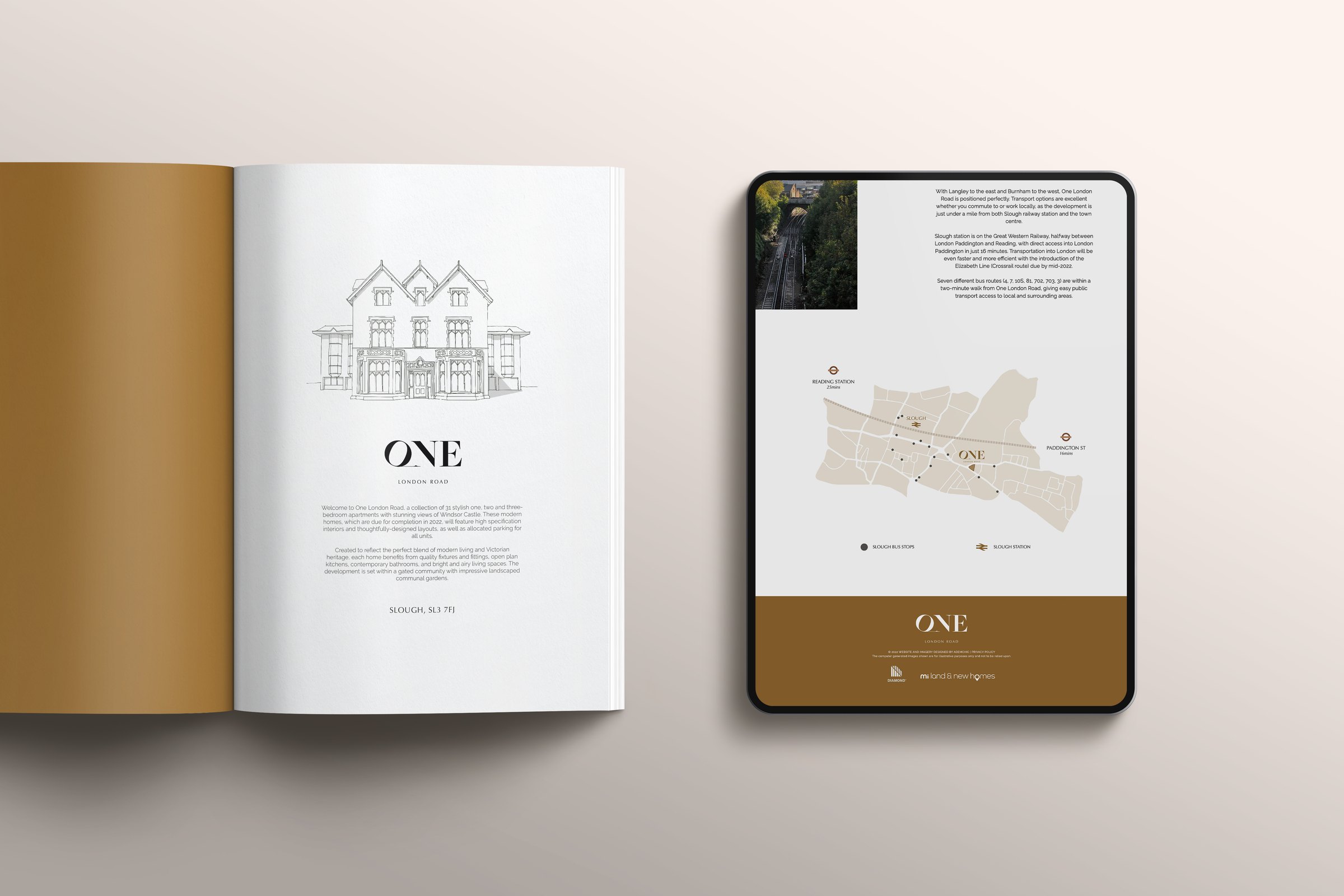 One London Road brochure spread and iPad mockup — print and digital design by HDEY