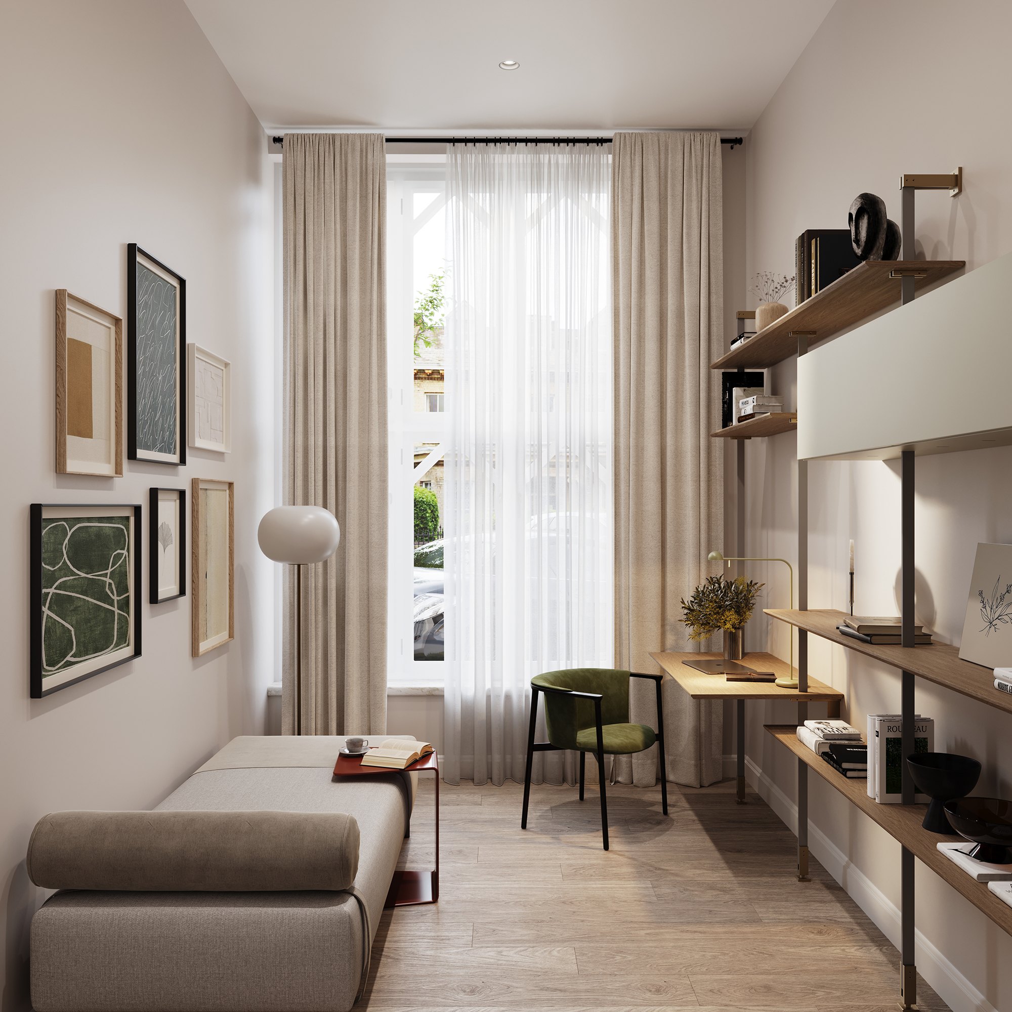 One London Road study CGI with fitted desk and shelving, Slough, by HDEY