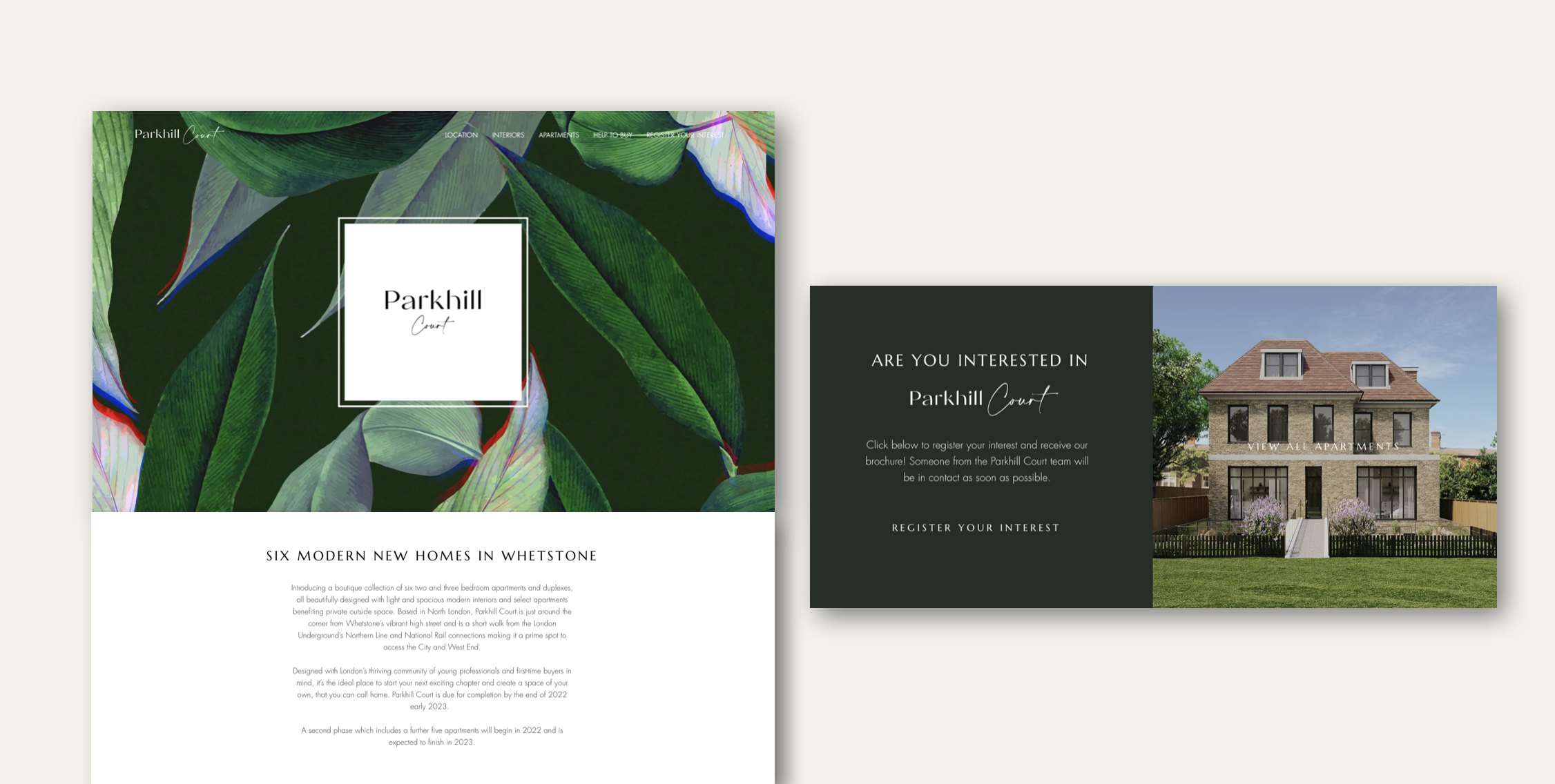 Parkhill Court website shown on desktop — website design by HDEY