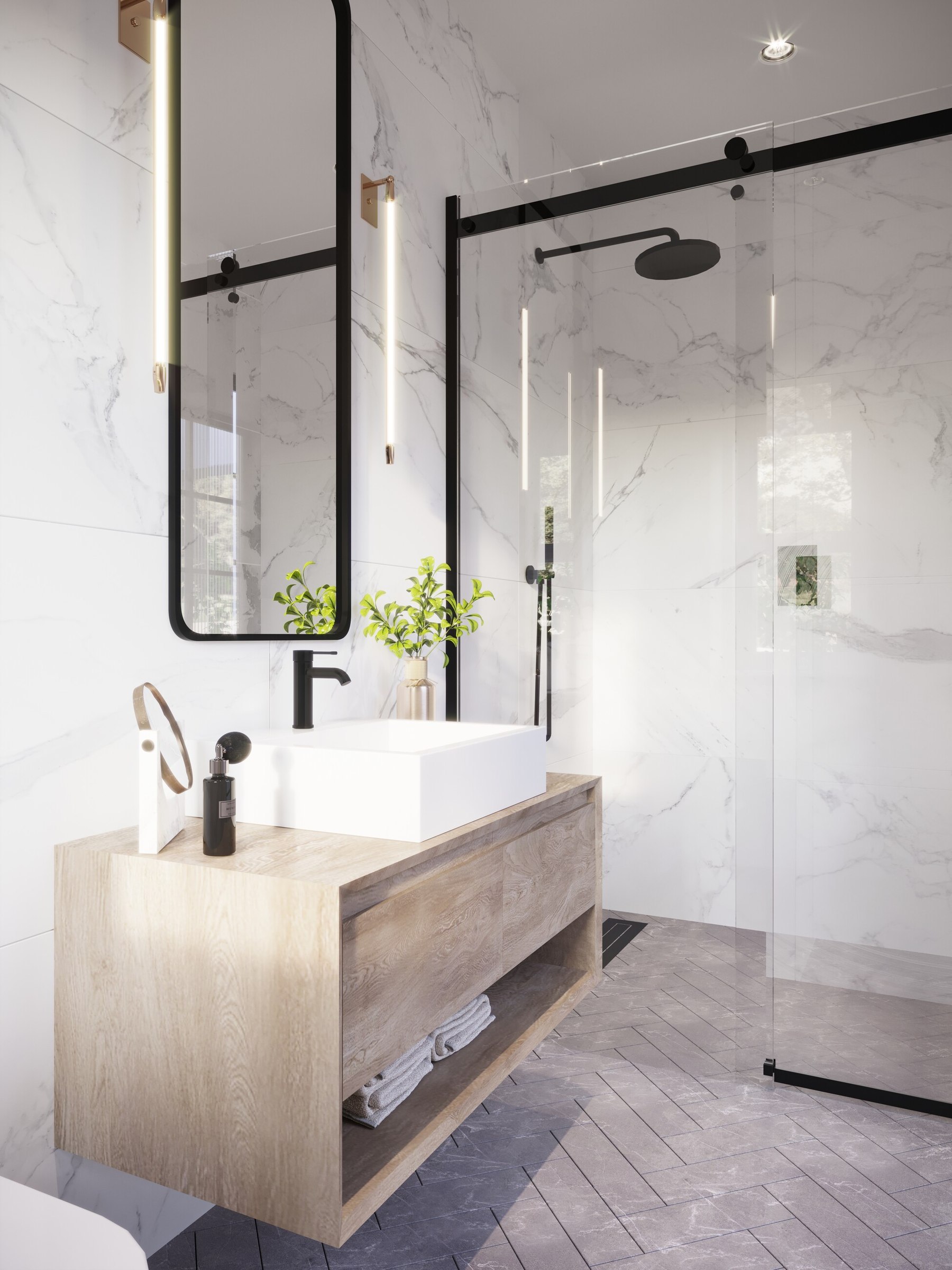 The Princedales bathroom CGI with marble, oak vanity and walk-in shower, Ottershaw, by HDEY