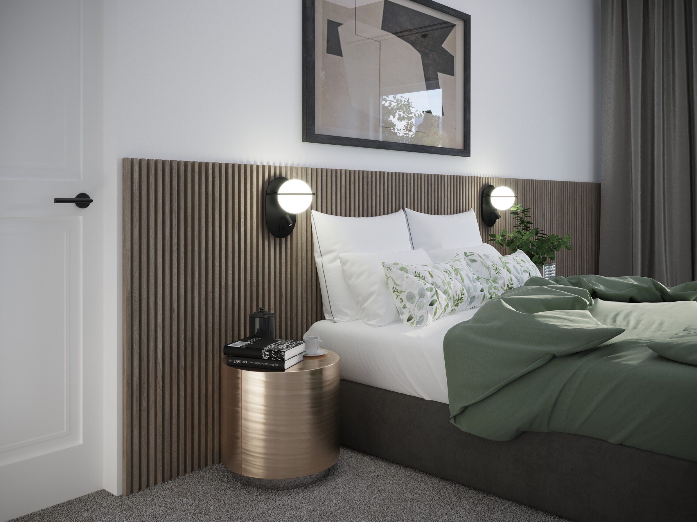 The Princedales bedroom CGI with fluted timber headboard and integrated wall lights, Ottershaw, by HDEY