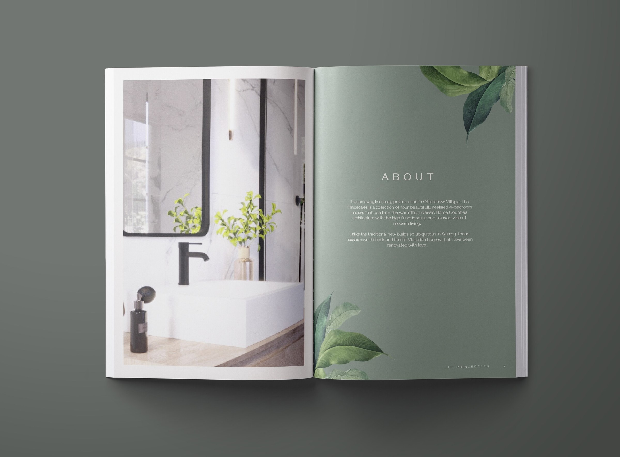 The Princedales brochure About spread with bathroom CGI and botanical illustration, Ottershaw, print design by HDEY