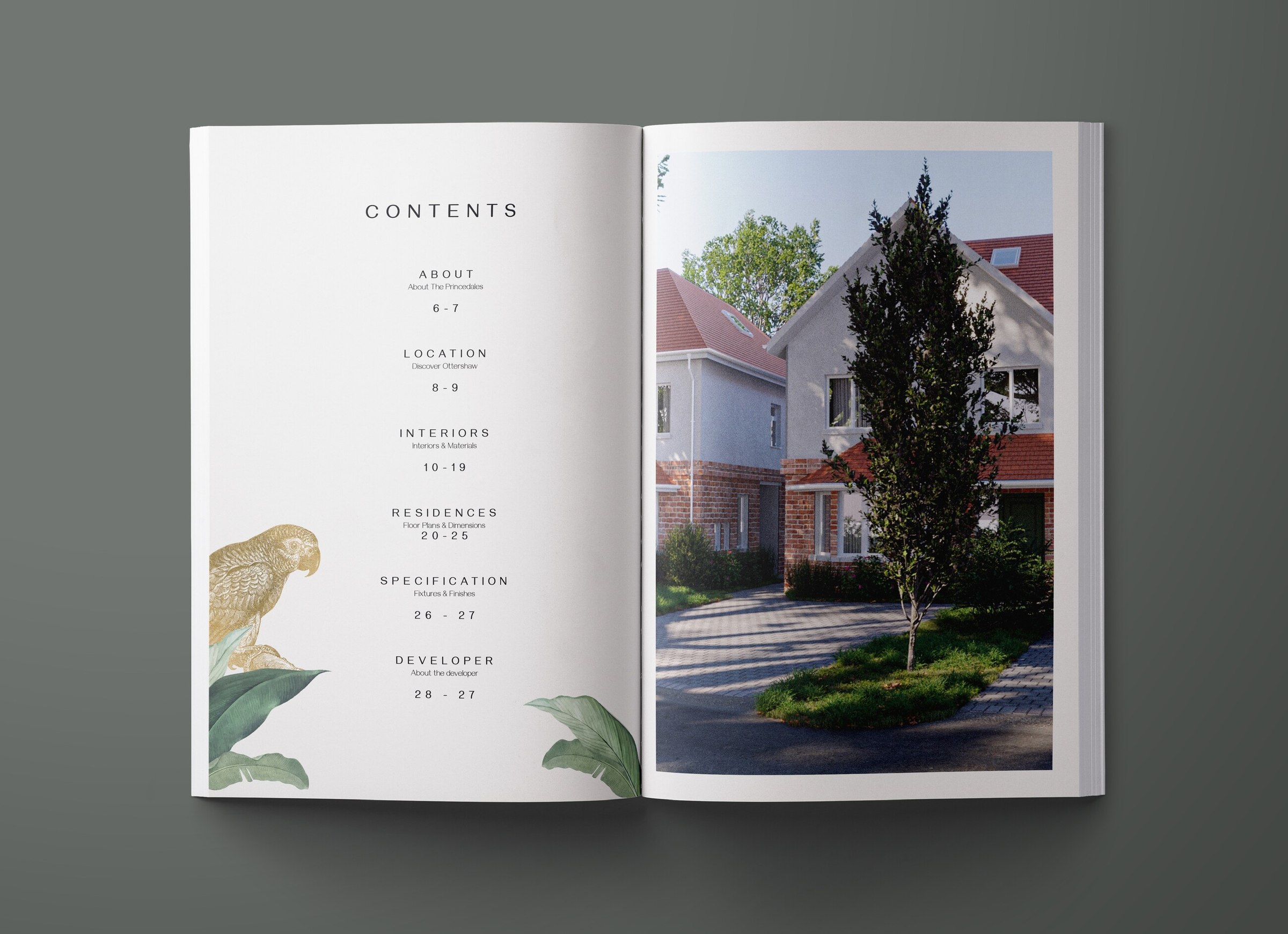 The Princedales brochure contents spread, Ottershaw, print design by HDEY