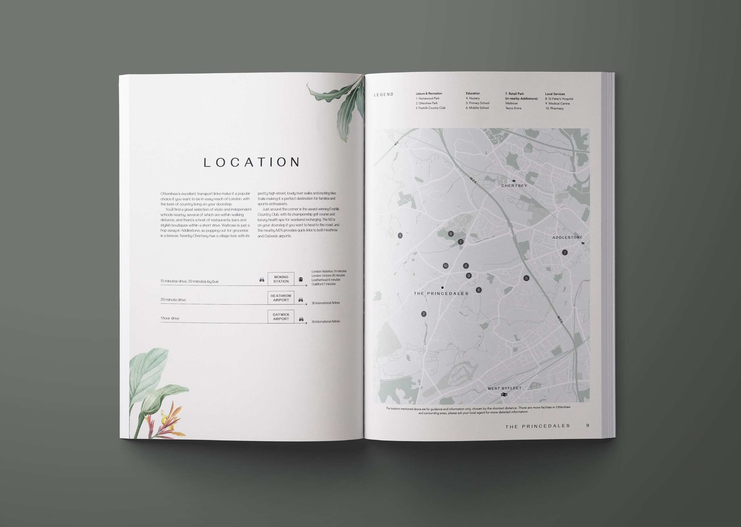 The Princedales brochure location spread with an illustrated map, Ottershaw, print design by HDEY