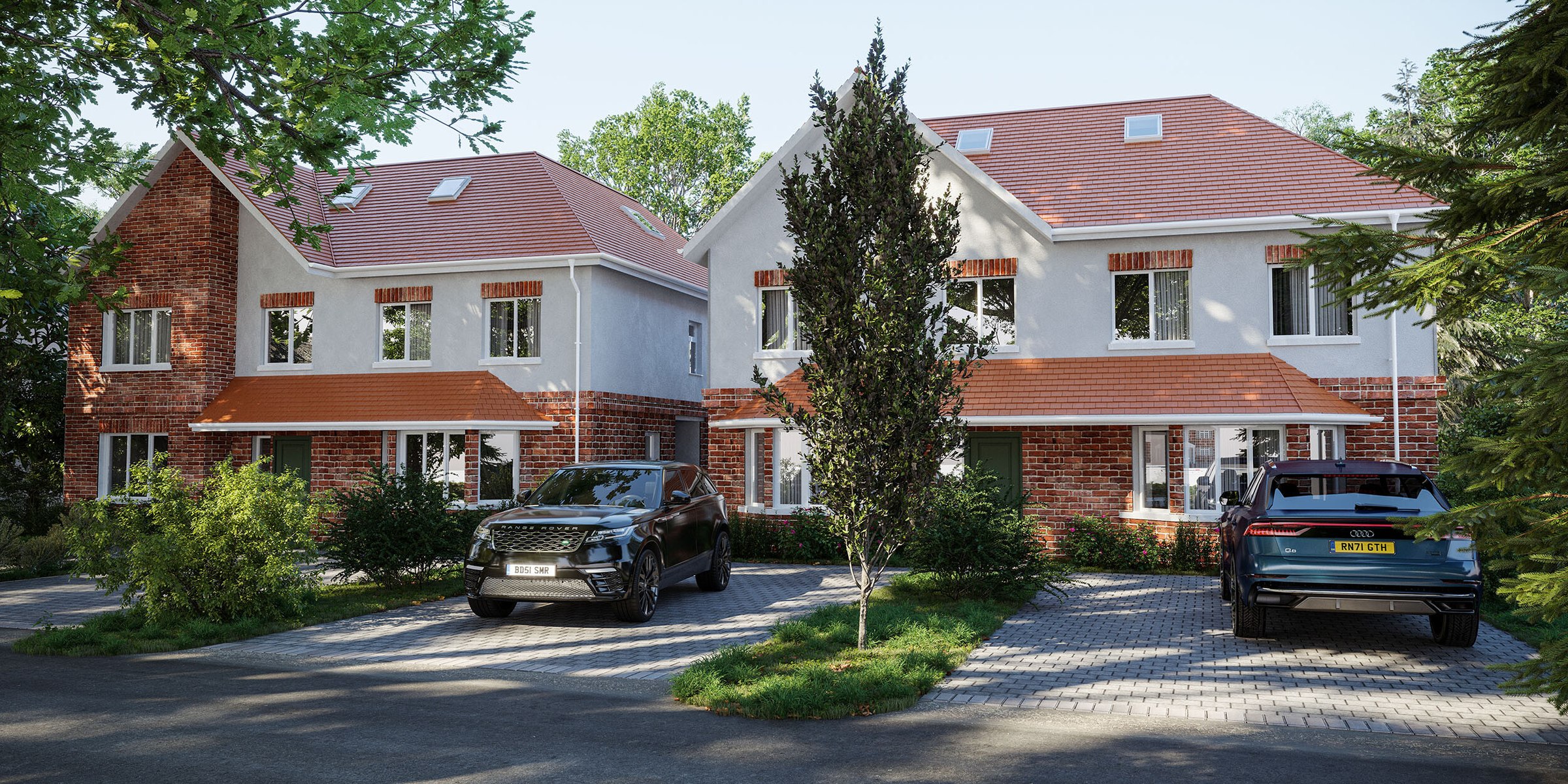 The Princedales external CGI — four red brick family houses on a private road, Ottershaw, Surrey, by HDEY