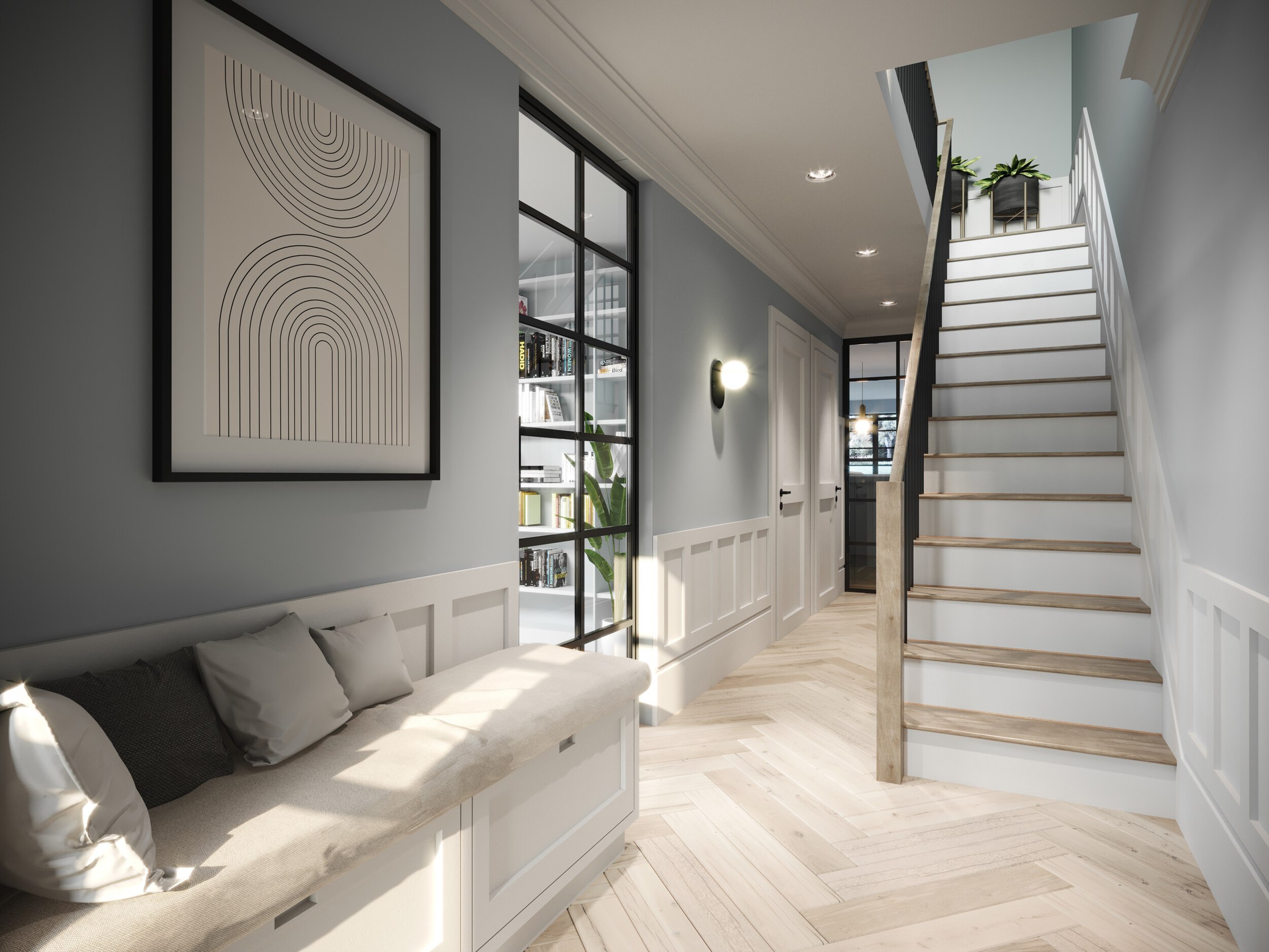 The Princedales hallway CGI with staircase, panelling and herringbone floor, Ottershaw, by HDEY