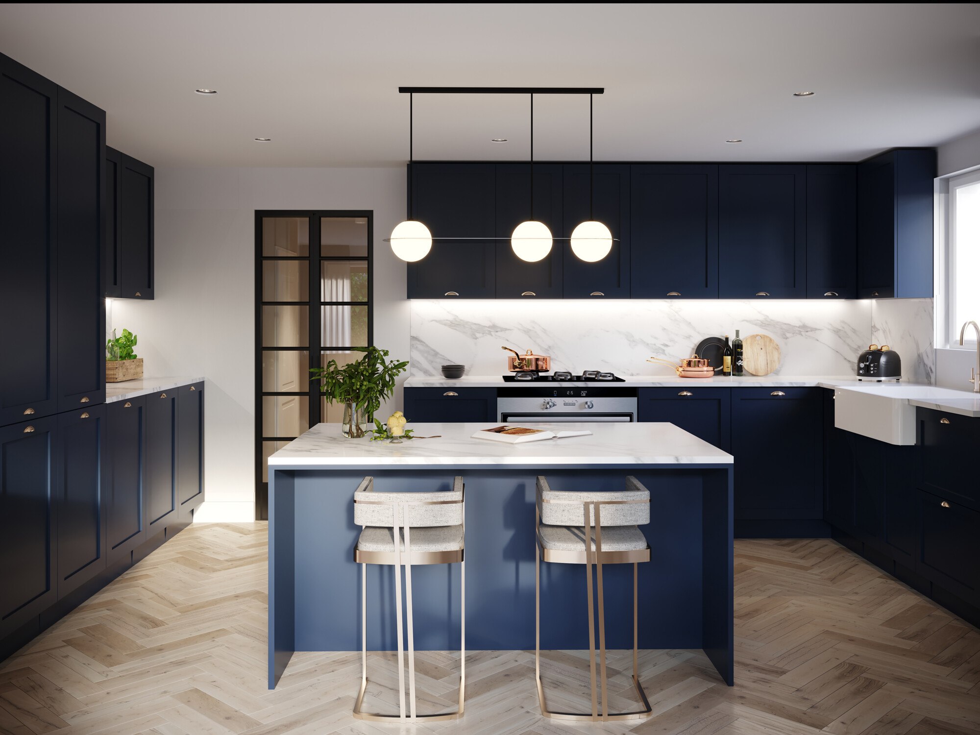 The Princedales kitchen CGI with navy cabinetry, marble island and Crittall-style glazing, Ottershaw, by HDEY