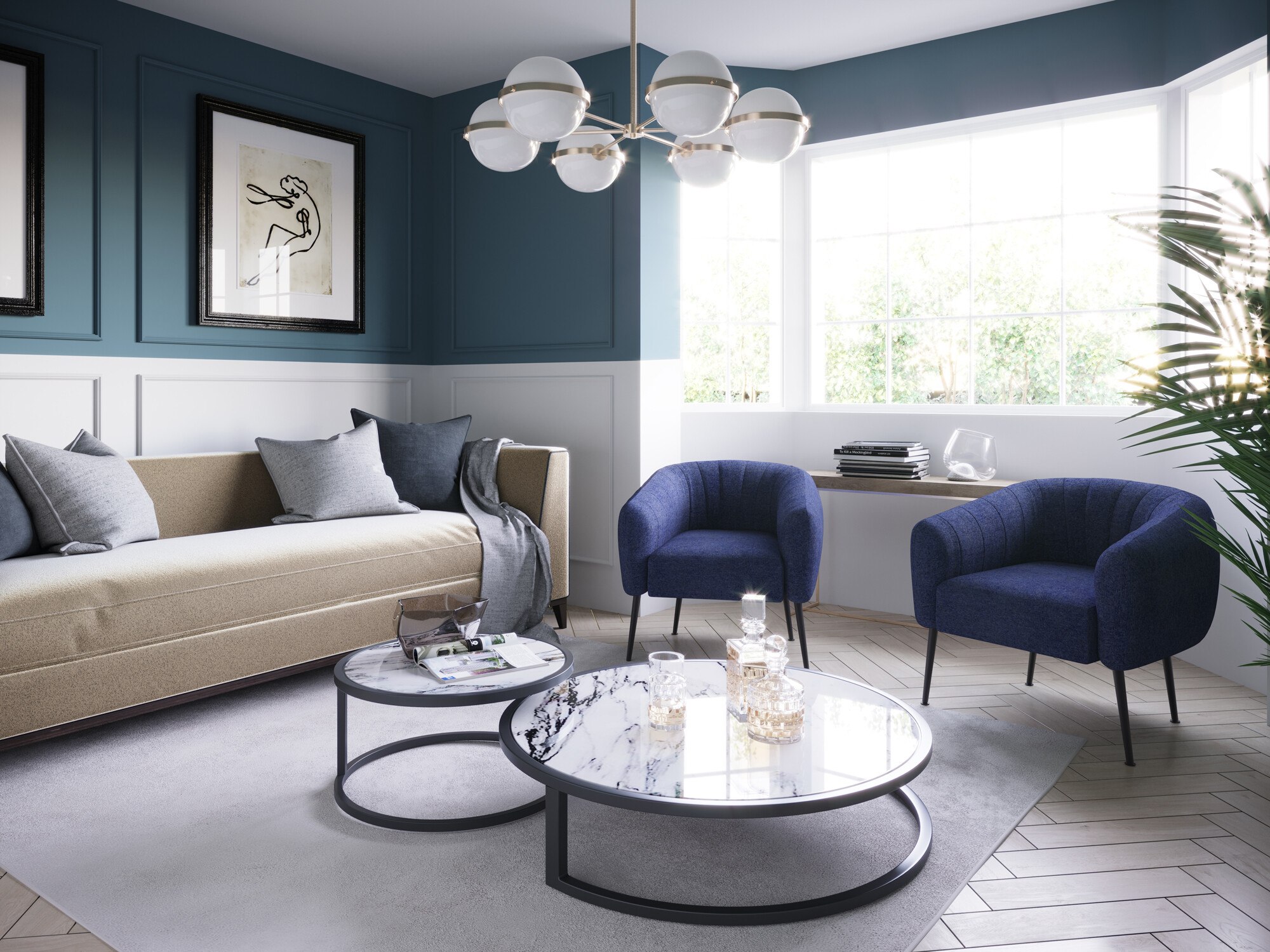 The Princedales sitting room CGI with teal panelled walls and bay window, Ottershaw, by HDEY