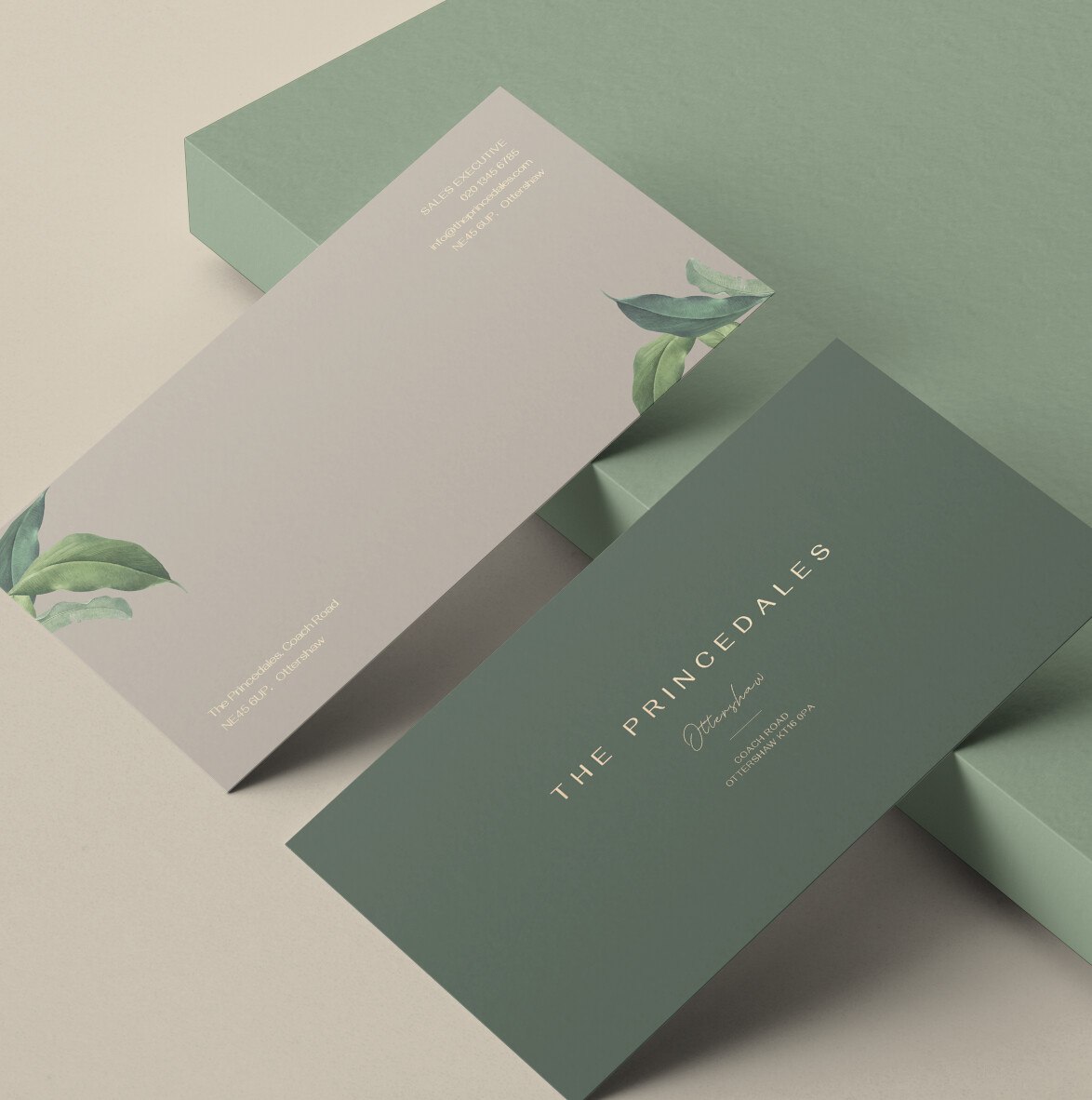 The Princedales stationery in sage and stone with the botanical identity, Ottershaw, by HDEY