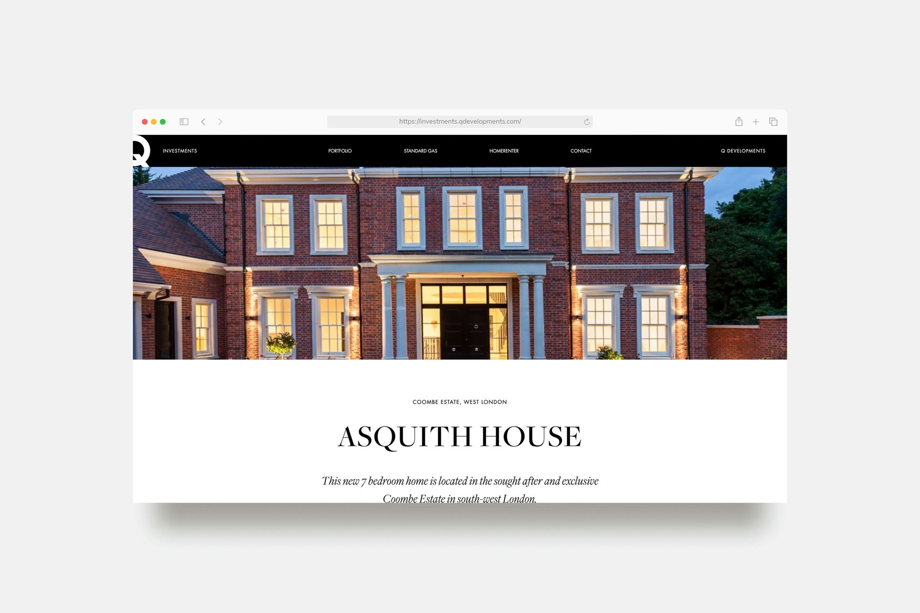 Q Investments scheme page for Asquith House on the Coombe Estate, shown in a browser — page template by HDEY