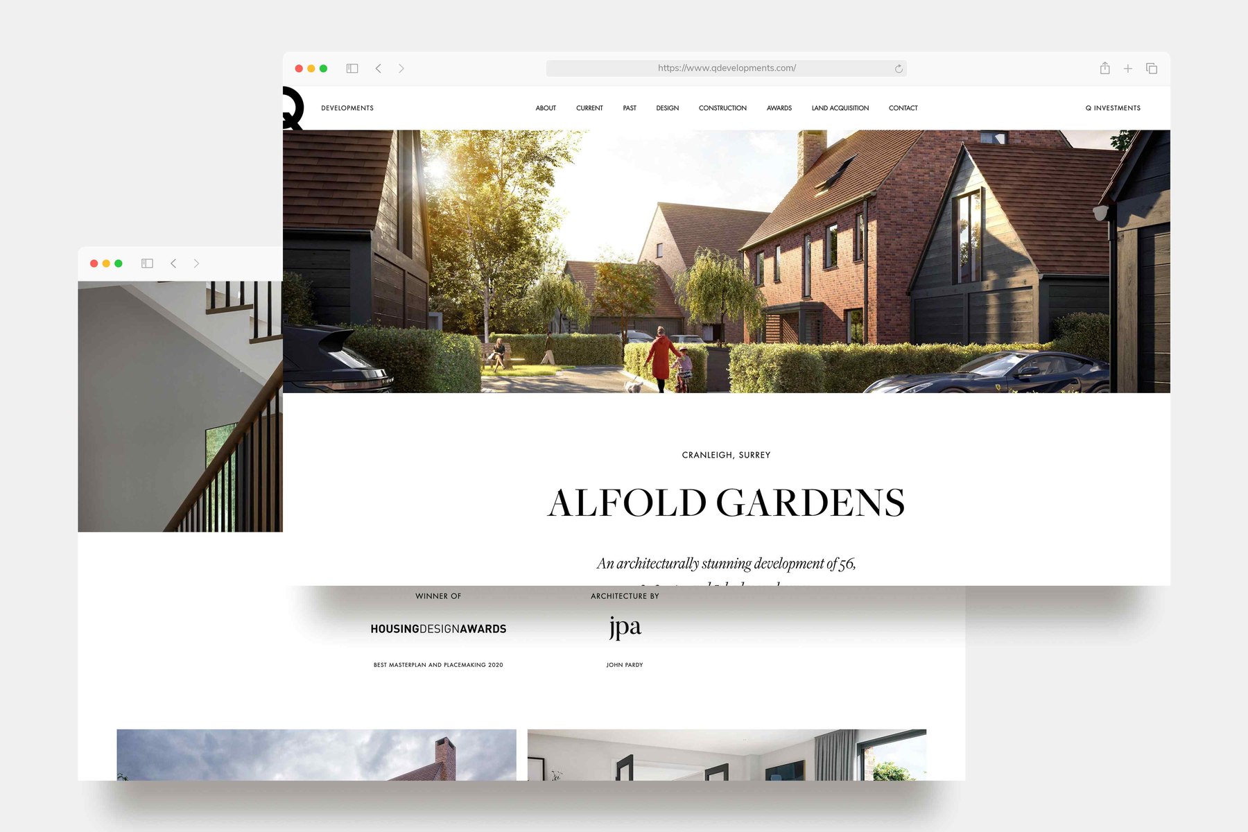 Q Developments website homepage showing the Alfold Gardens scheme in Cranleigh, Surrey — web design by HDEY