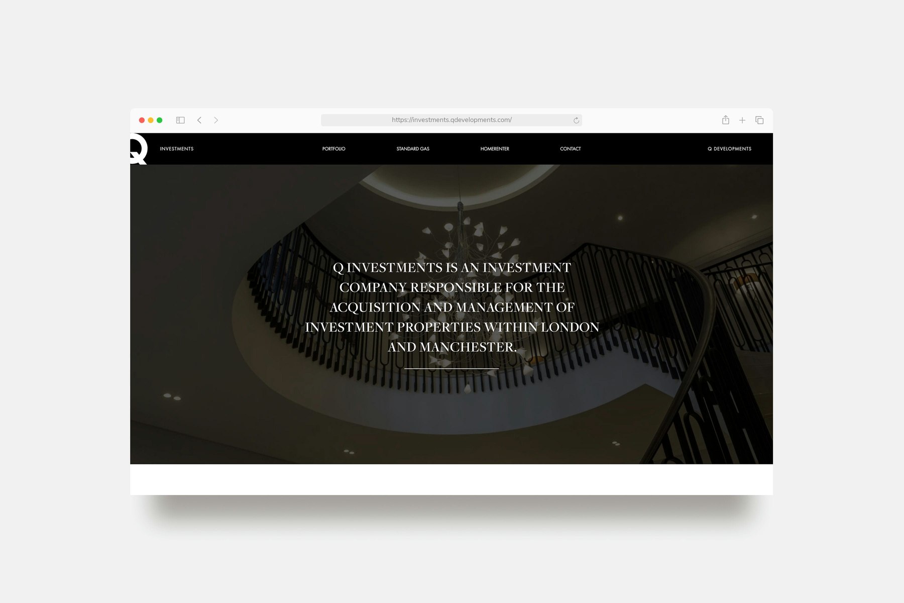Q Investments website homepage set dark, with the acquisition and management proposition — web design by HDEY