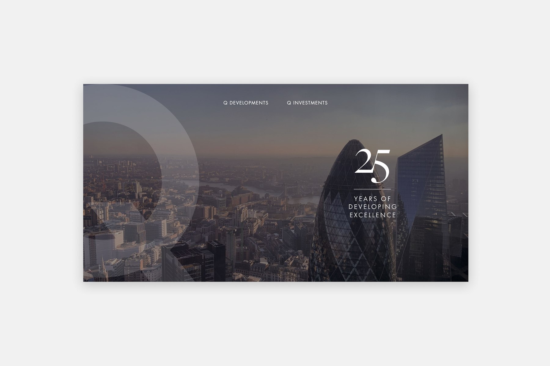 Q Developments landing page with 25 Years of Developing Excellence over a London skyline, and the split to Q Developments and Q Investments — website design by HDEY