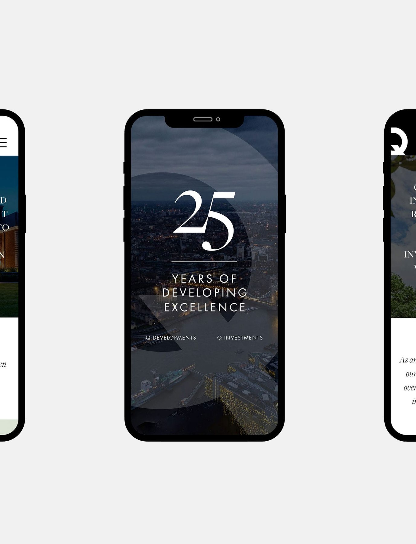 Q Developments website shown on three iPhones, with the anniversary landing page in the centre — responsive design by HDEY