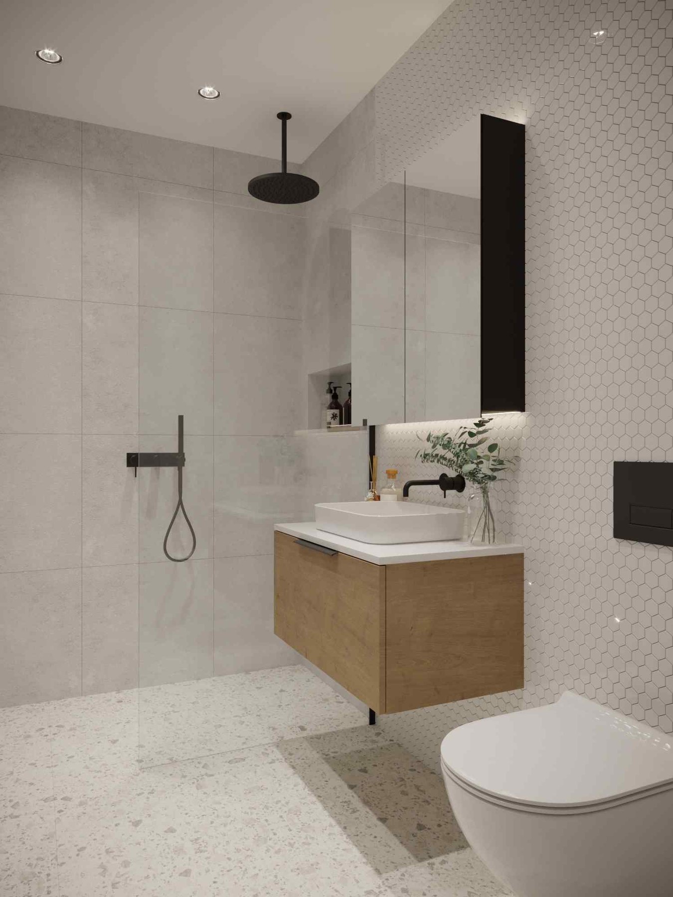 Q17 Lofts bathroom CGI with hexagonal mosaic, large-format stone tiling, terrazzo floor and black brassware, Walthamstow — specification by HDEY