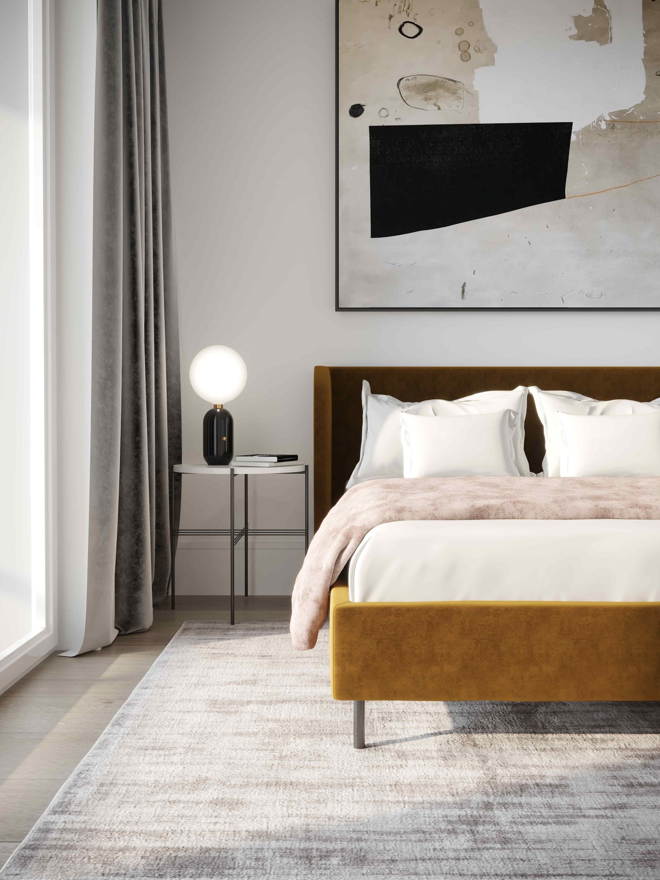 Q17 Lofts bedroom CGI with an ochre velvet bed, large monochrome artwork and layered neutrals, Walthamstow — by HDEY