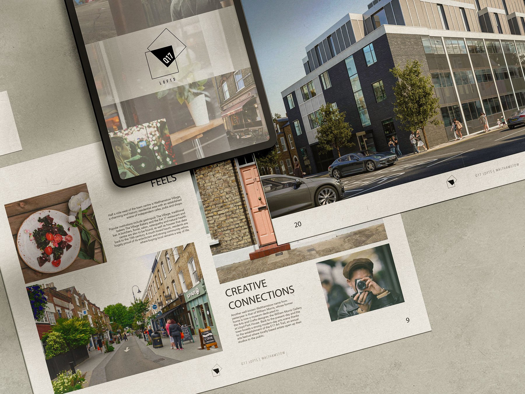 Q17 Lofts brochure spreads and tablet website mockup showing the Walthamstow area pages and an external CGI, design by HDEY