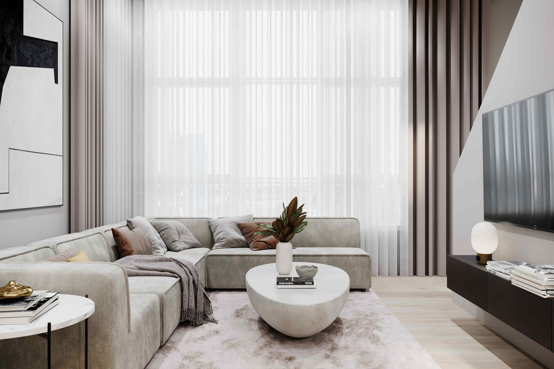 Q17 Lofts living room CGI with a large pale sectional, sheer curtains to full-height glazing and a marble coffee table, Walthamstow — by HDEY