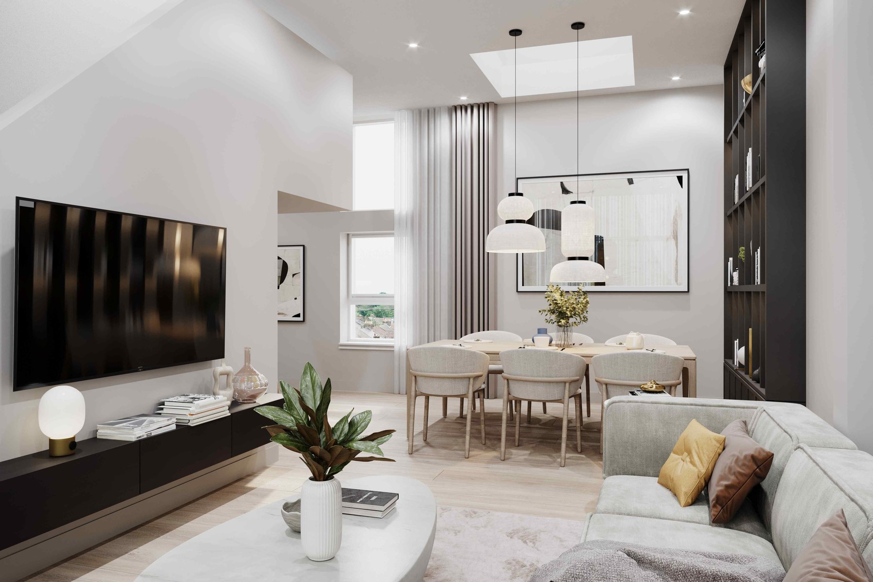 Q17 Lofts living and dining CGI with double-height glazing, pale sectional and dark joinery, Walthamstow — interior design by HDEY