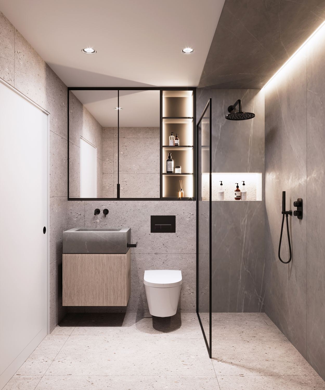 Queen's Park Residences bathroom in stone with a walk-in shower and timber vanity, NW6 — by HDEY