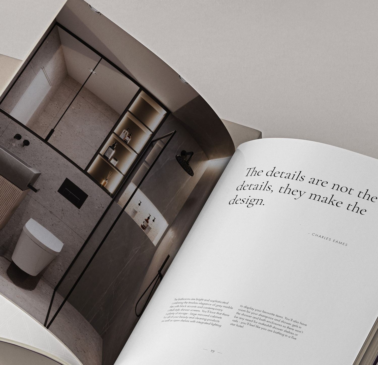 Queen's Park Residences brochure open at the Eames quotation spread, print design by HDEY