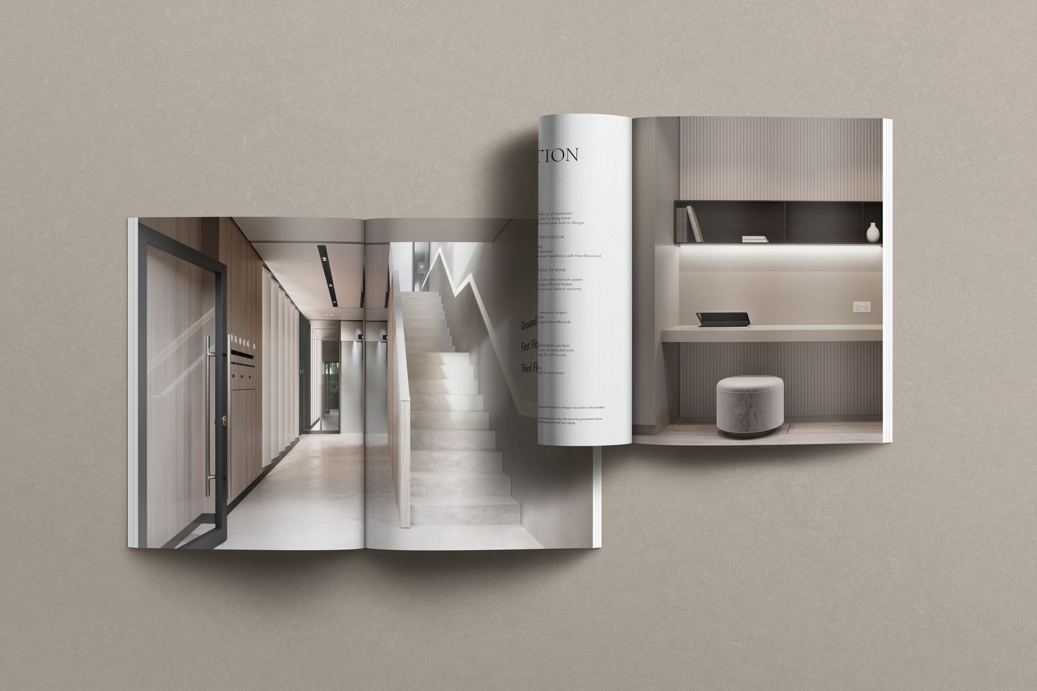 Queen's Park Residences brochure open at an interiors spread, print design by HDEY