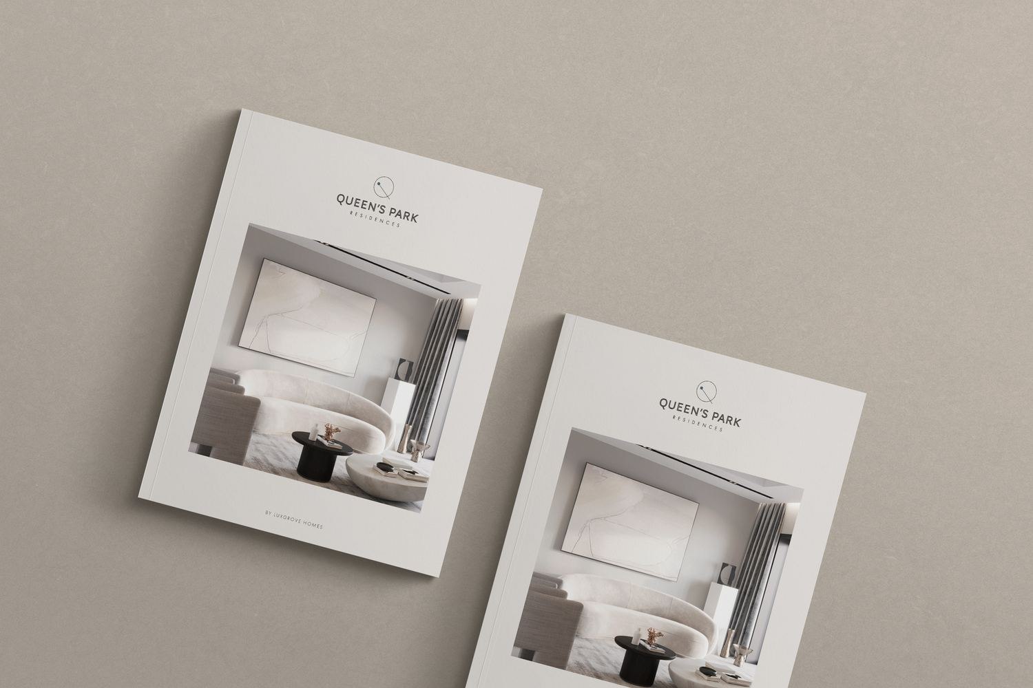 Queen's Park Residences brochures shown as a pair, print design by HDEY