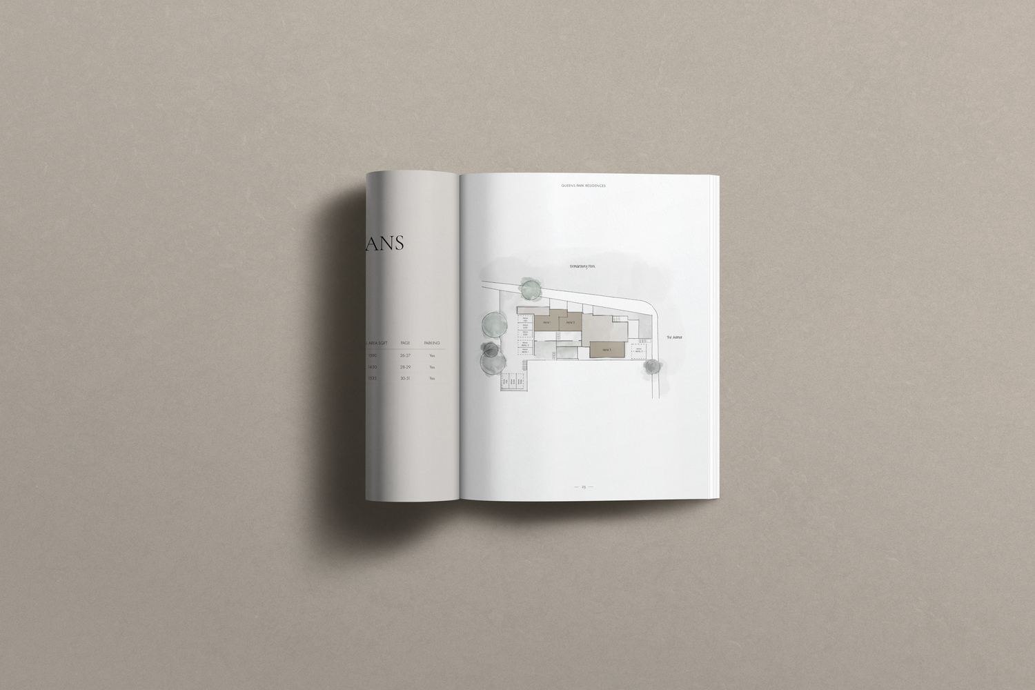 Queen's Park Residences brochure open at the plans spread, print design by HDEY