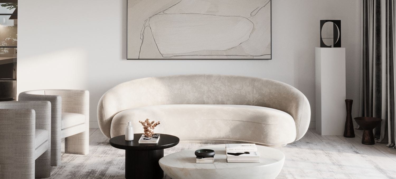 Queen's Park Residences living room with curved sofa and stone finishes, NW6 — interior design by HDEY