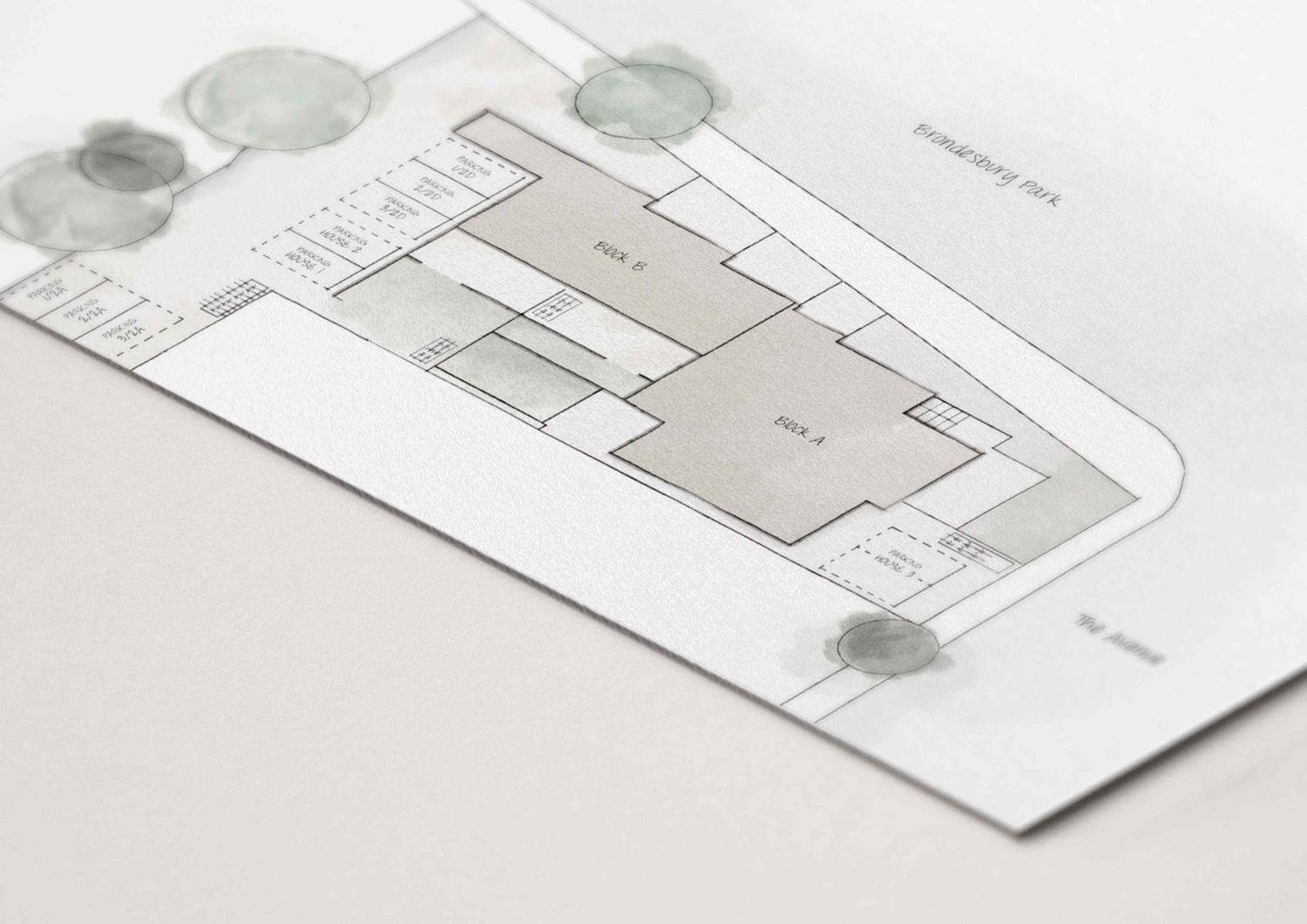 Queen's Park Residences watercolour site plan showing the houses and gardens, NW6 — by HDEY