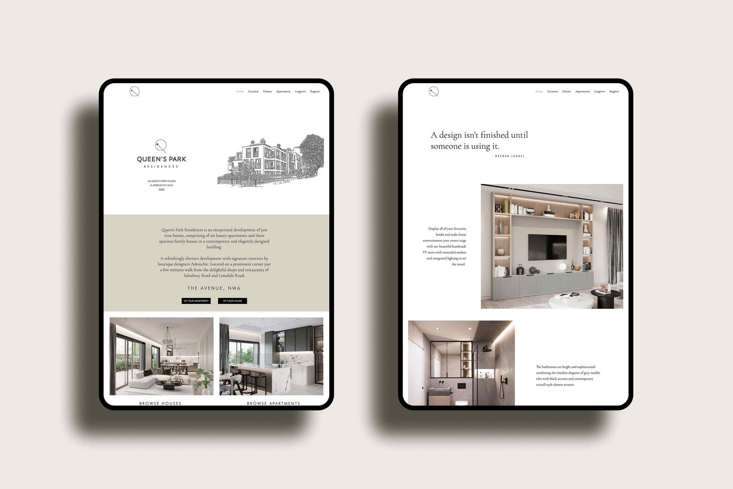 Queen's Park Residences website shown on tablet and phone, web design by HDEY
