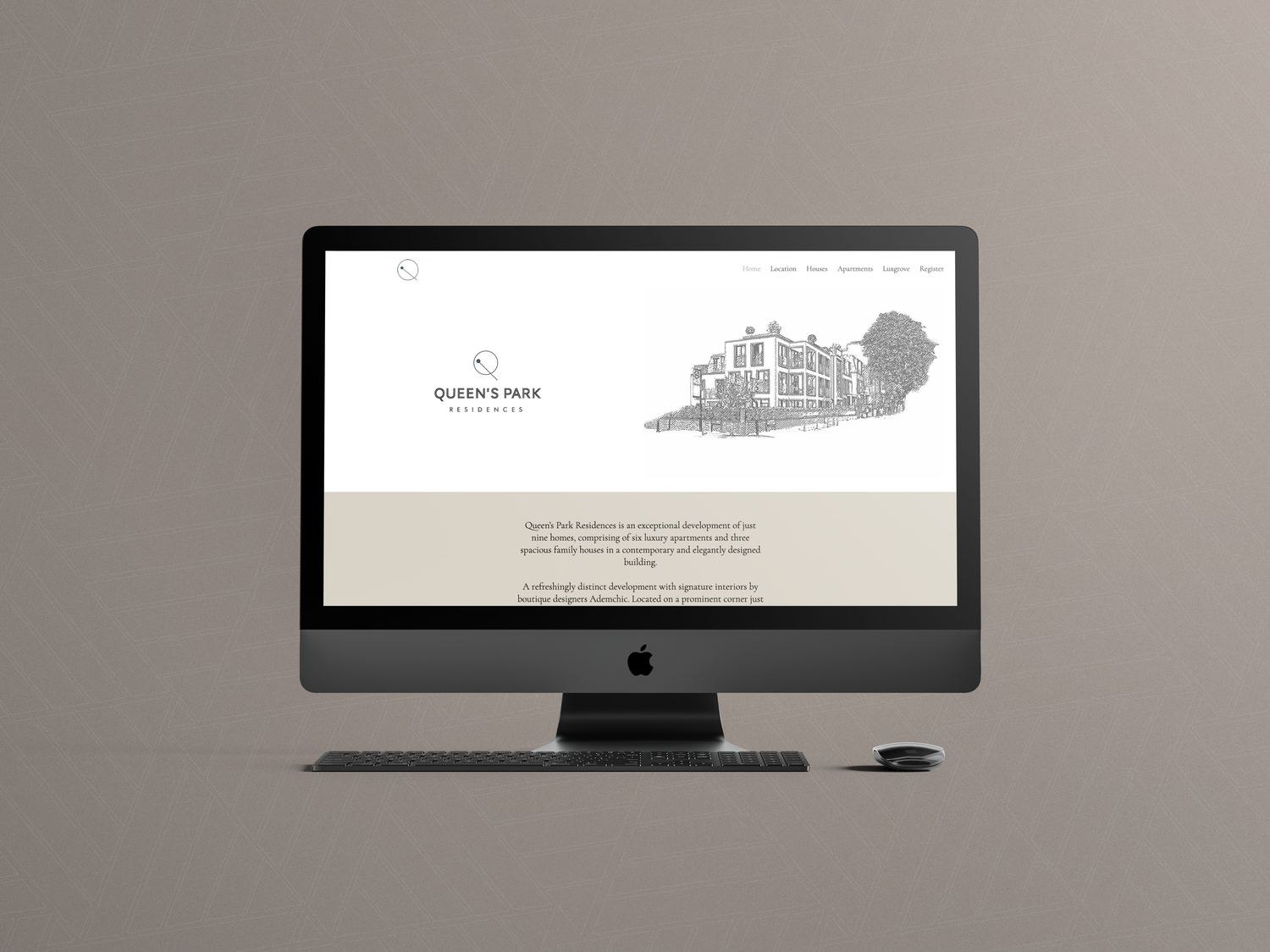 Queen's Park Residences website shown on a desktop screen, web design by HDEY