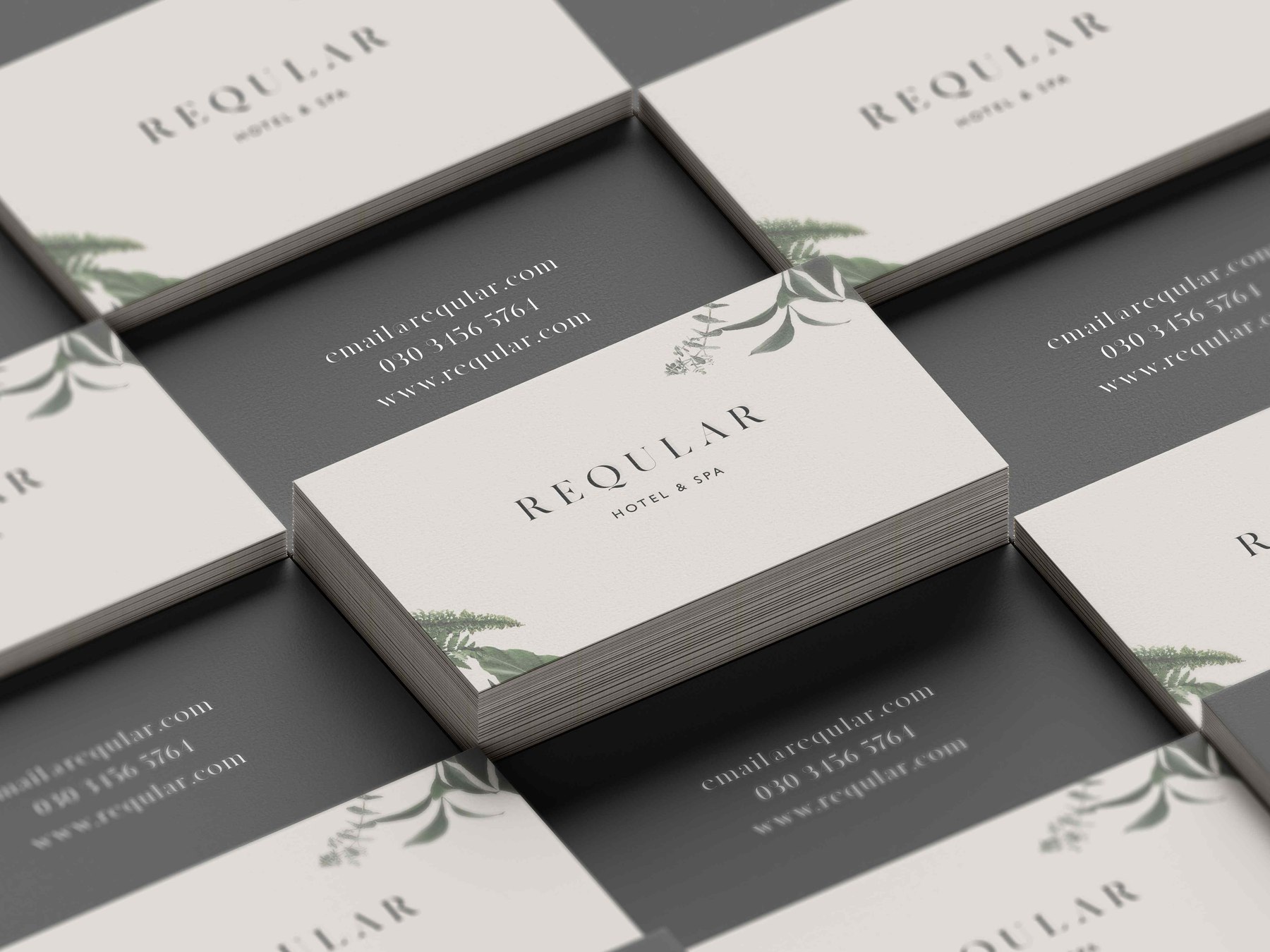 Reqular business cards arranged in a grid, the logotype on one side and contact details on the other, brand identity by HDEY