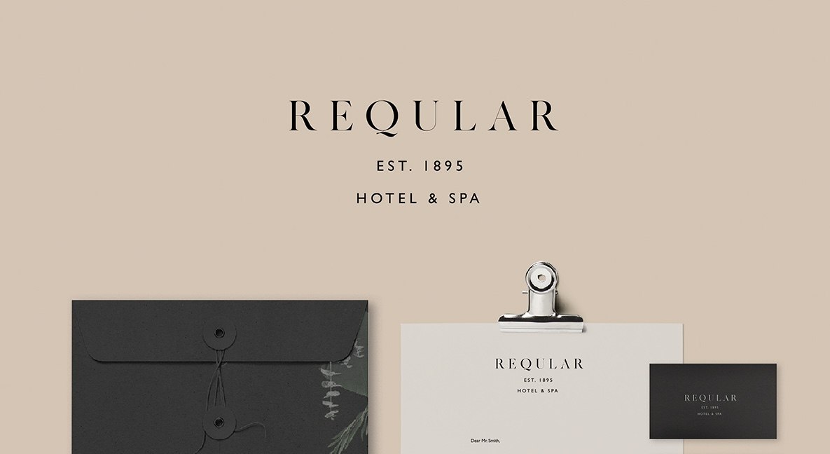Reqular brand identity laid out with the logotype above the envelope, letterhead and business card, brand identity by HDEY