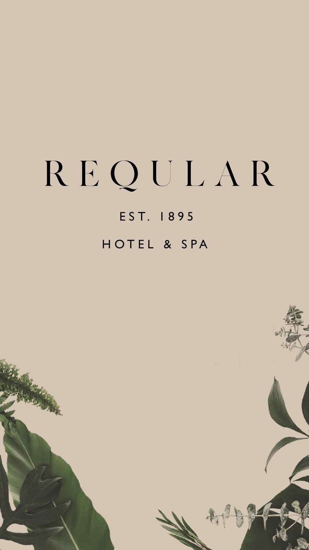 Reqular Hotel and Spa logotype with EST. 1895 beneath, set on warm sand with botanical illustration at the corners, brand identity by HDEY