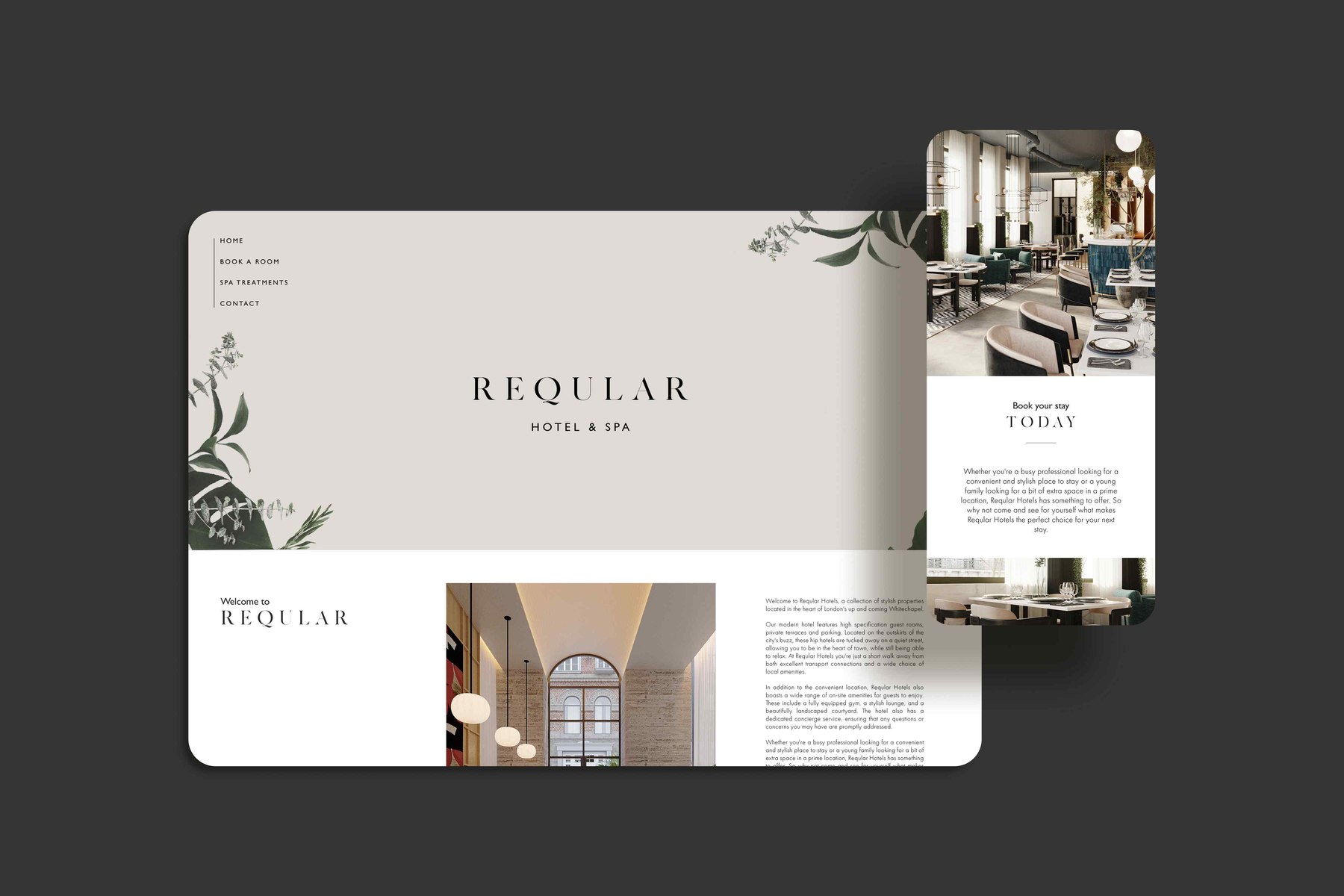 Reqular website homepage on desktop and mobile with the centred logotype, botanical framing and Book your stay today section, web design by HDEY