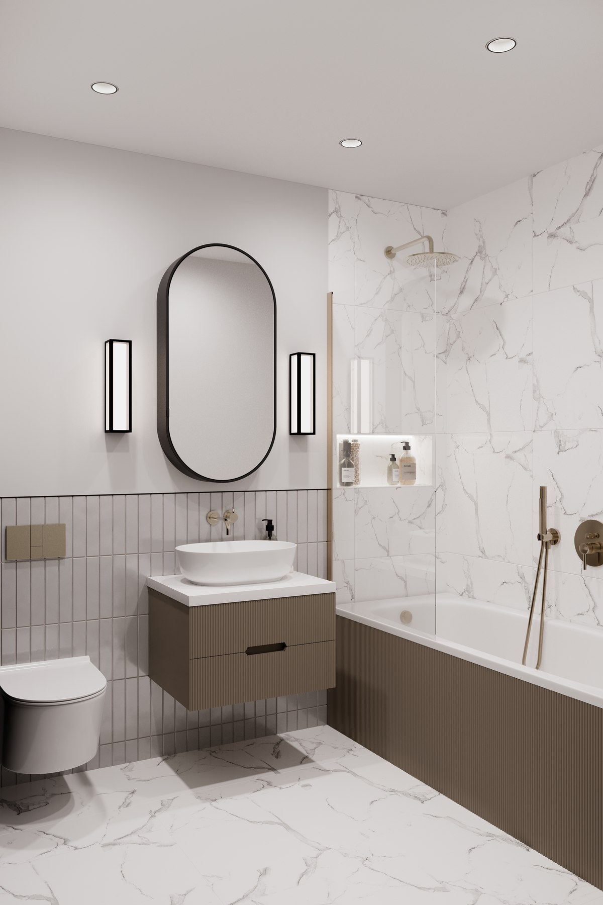 Riverside Gardens bathroom with a fluted timber vanity, vertical stack tiling, marble shower wall and brushed brass fittings, Weybridge — specification by HDEY