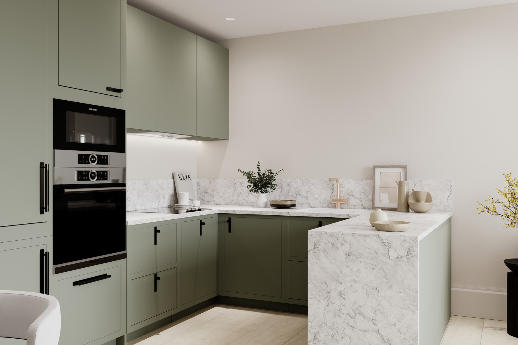 Riverside Gardens kitchen with sage shaker cabinetry, marble worktop and splashback and black handles, Weybridge — specification by HDEY