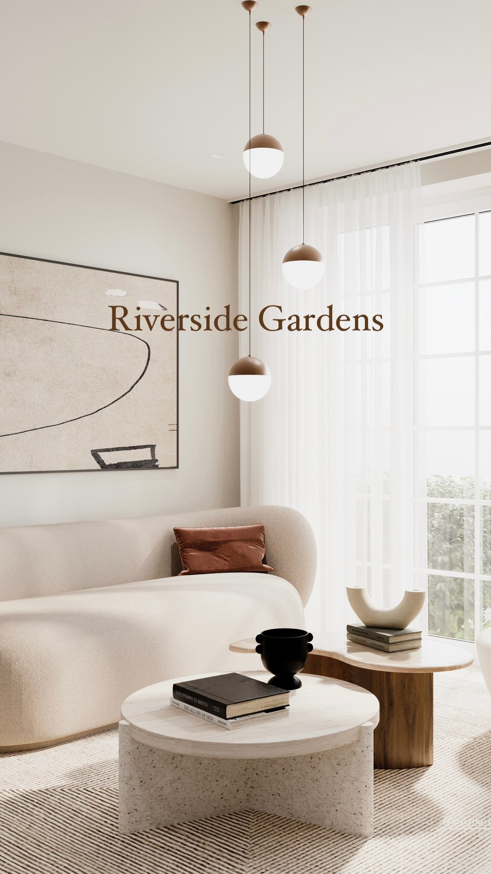 Riverside Gardens living space with the development wordmark, Weybridge — interior design by HDEY