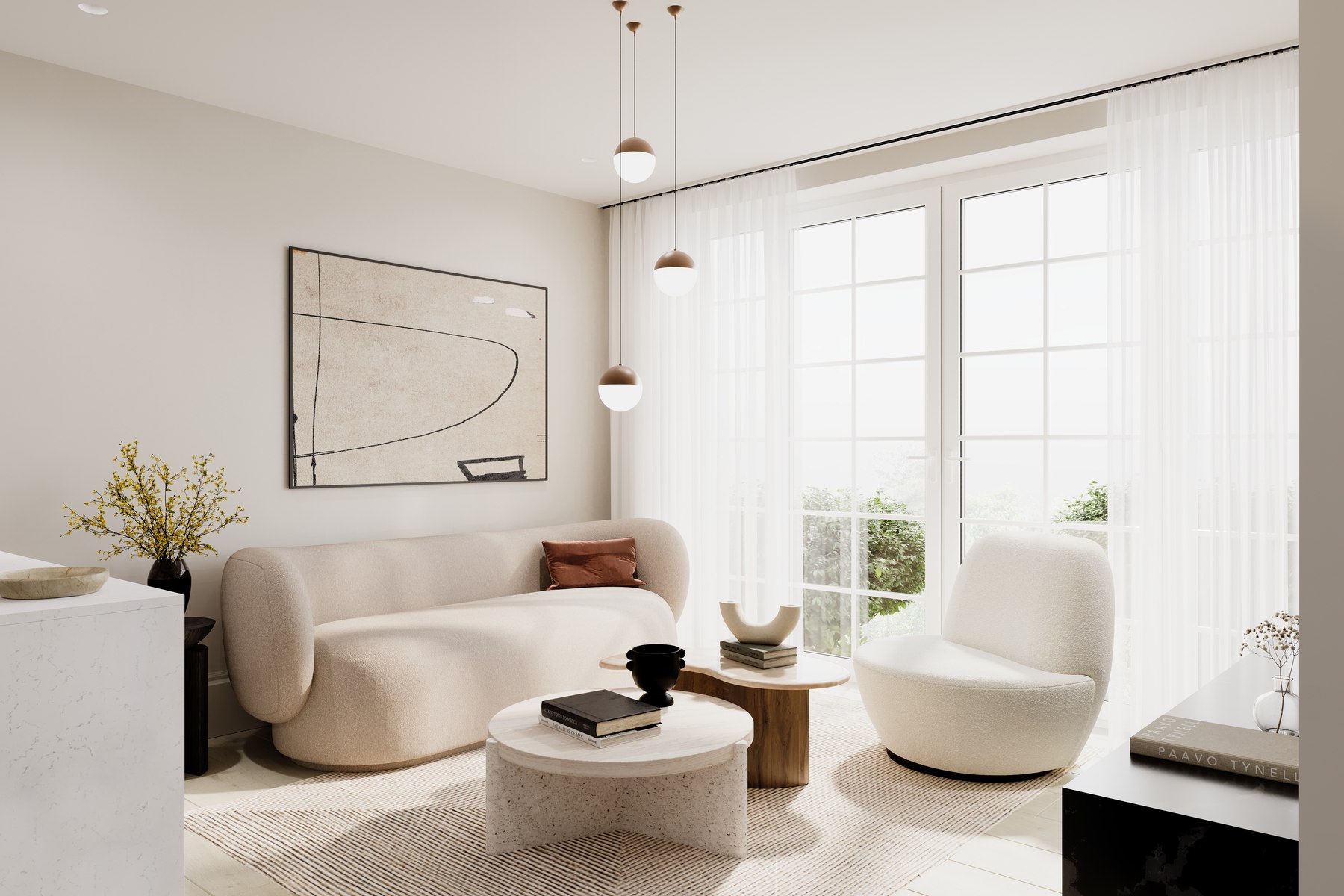 Riverside Gardens living room with a curved bouclé sofa, terrazzo tables and full-height garden doors, Weybridge — interior design by HDEY
