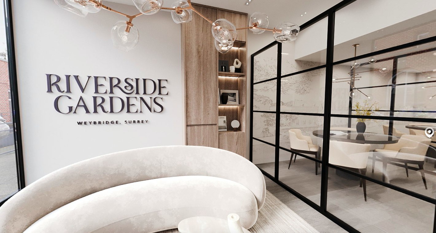 Riverside Gardens marketing suite showing the lettering wall, timber joinery and the Crittall-style screen to the sales meeting area, Weybridge — design and styling by HDEY