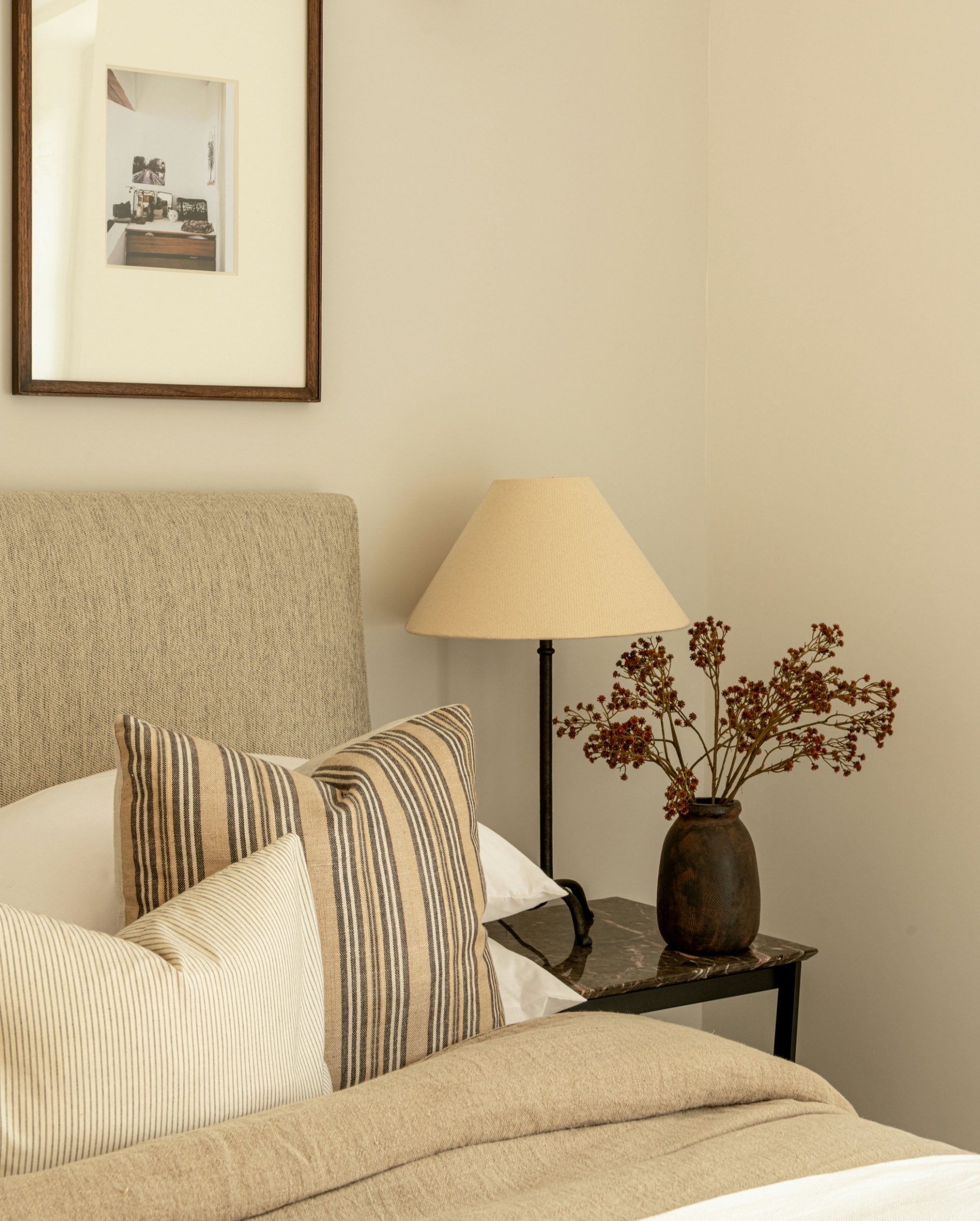 Robson Road show home second bedroom with striped cushions and table lamp, West Dulwich, styled by HDEY