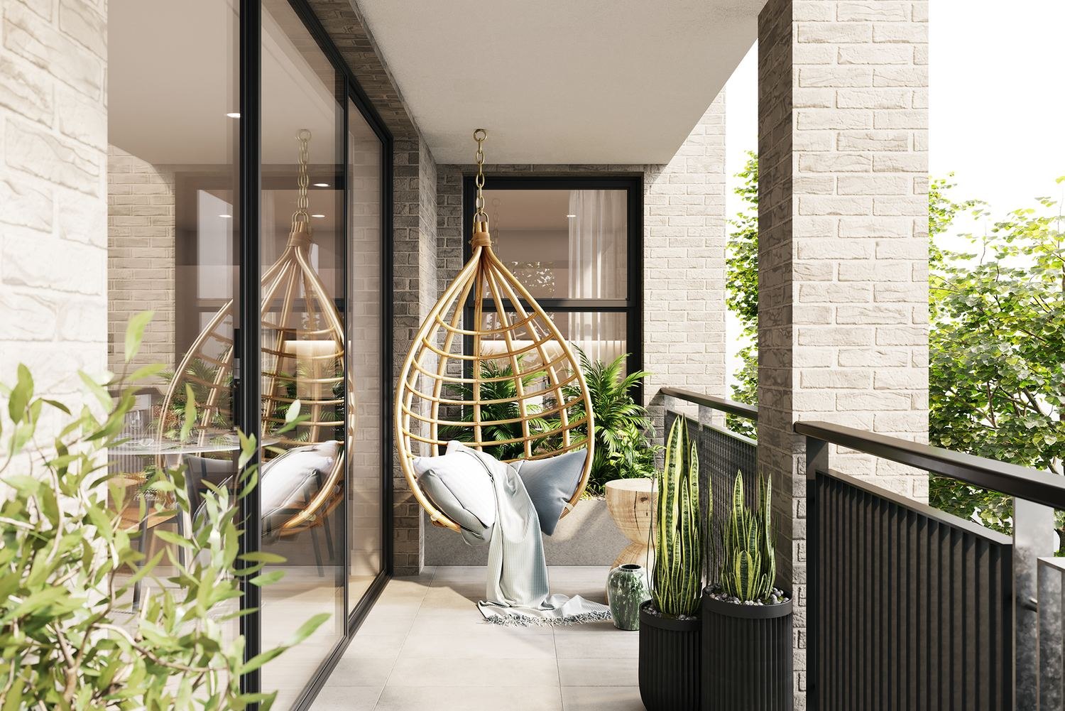 The Royal Majestic balcony CGI with hanging chair and planting, London NW6 — by HDEY